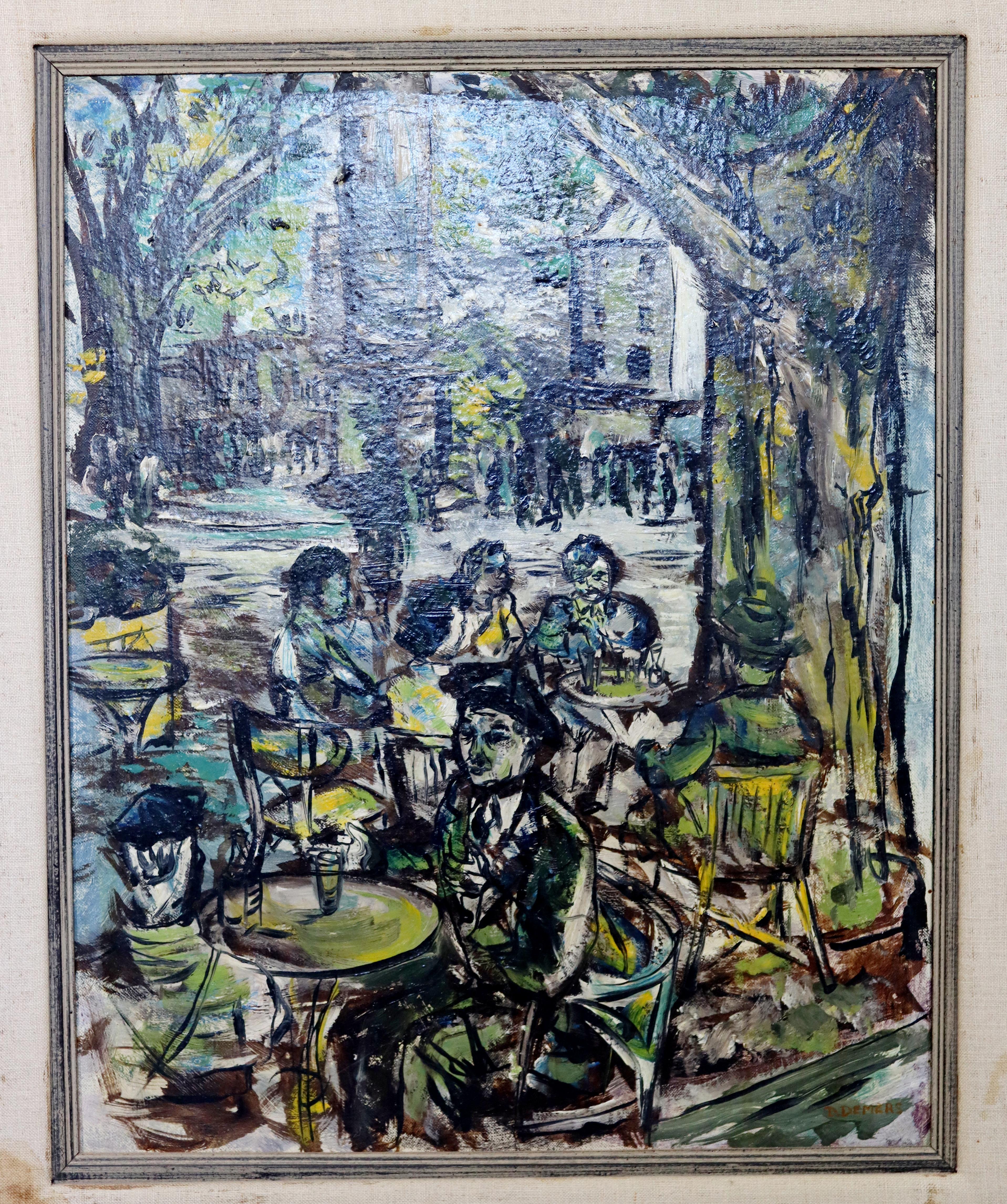 For your consideration is an sensational, framed oil painting on canvas, of a European cafe scene, signed D. Demers. In excellent condition. The dimensions of the frame are 24