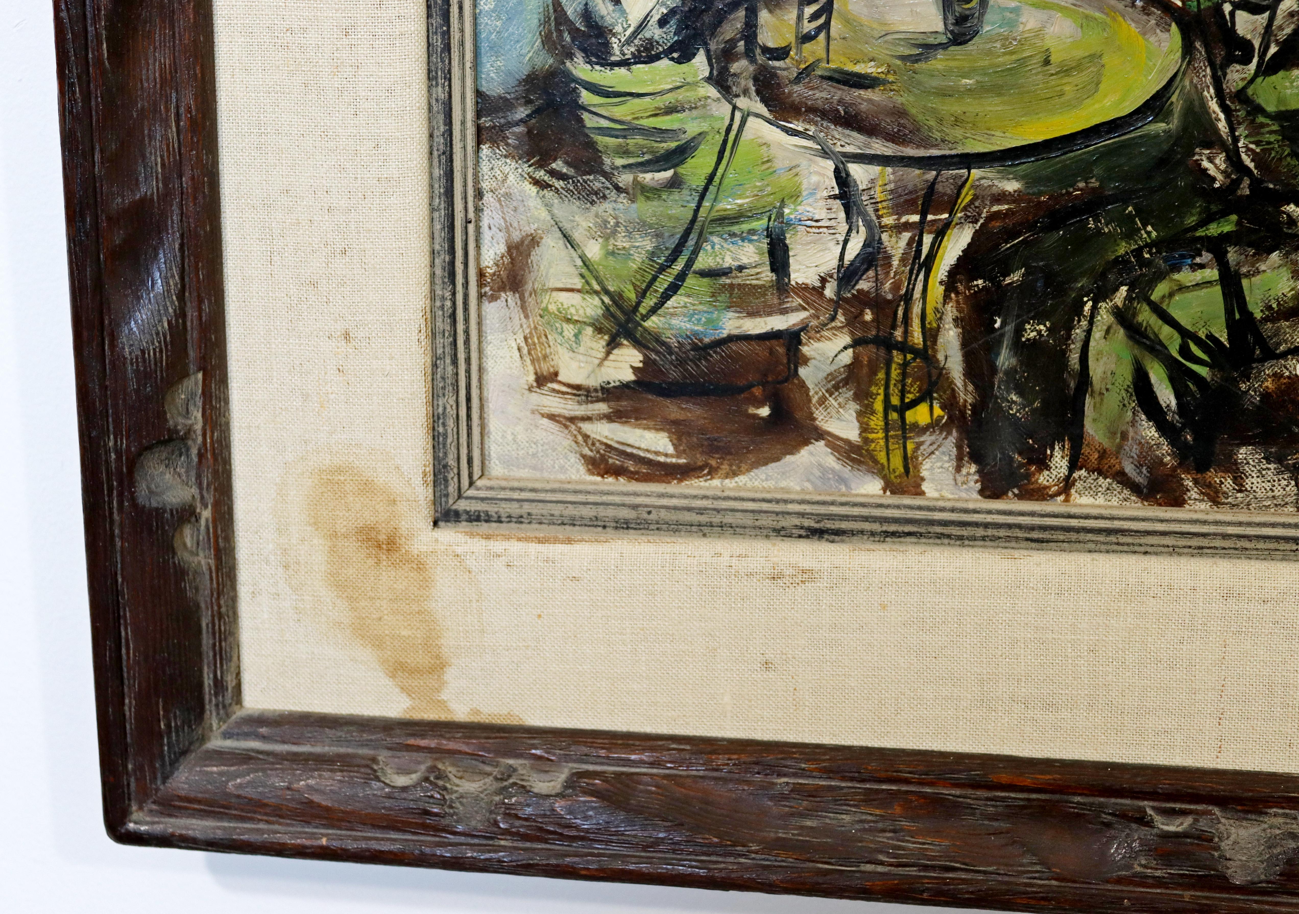 Peinture à l'huile sur toile encadrée moderne du milieu du siècle dernier, signée D. Demers European Cafe en vente 1
