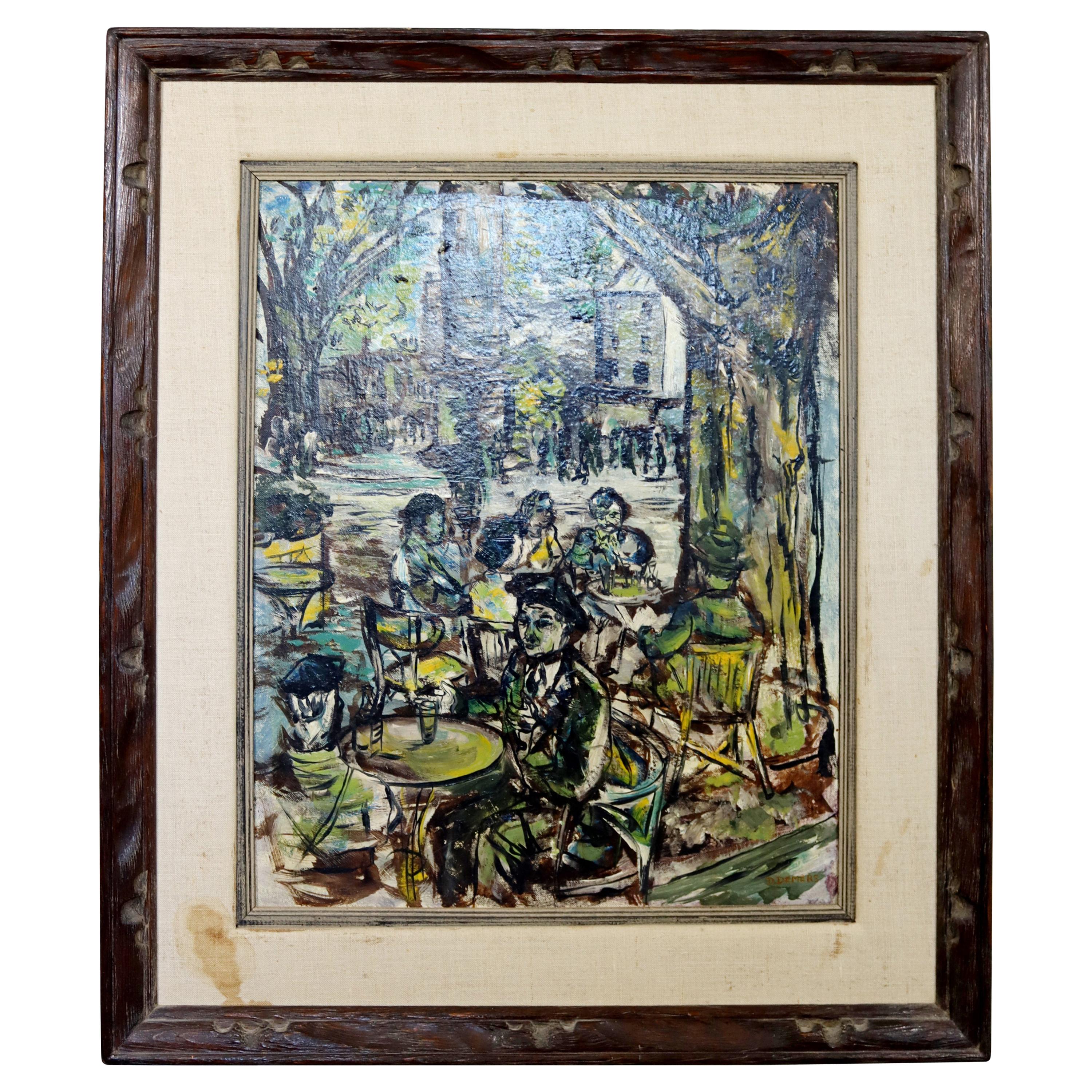 Mid-Century Modern Framed Oil Painting Canvas Signed D. Demers European Cafe For Sale