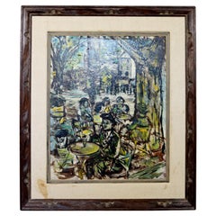 Mid-Century Modern Framed Oil Painting Canvas Signed D. Demers European Cafe