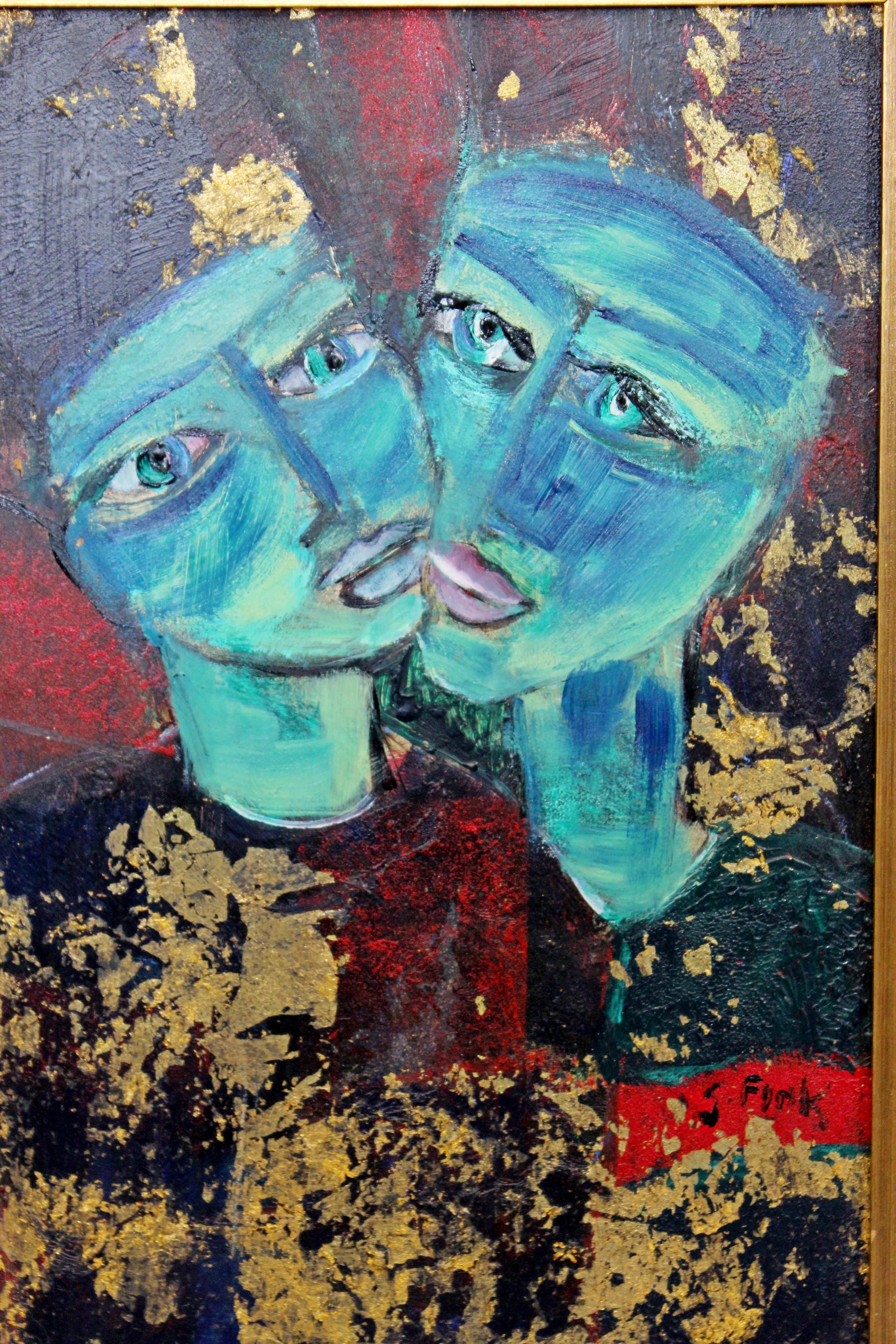 For your consideration is an incredible oil painting, with gold leaf to make it shimmer, of two blue figures, signed by renowned Brazilian artist Gregory Fink. In excellent vintage condition. The dimensions are 14