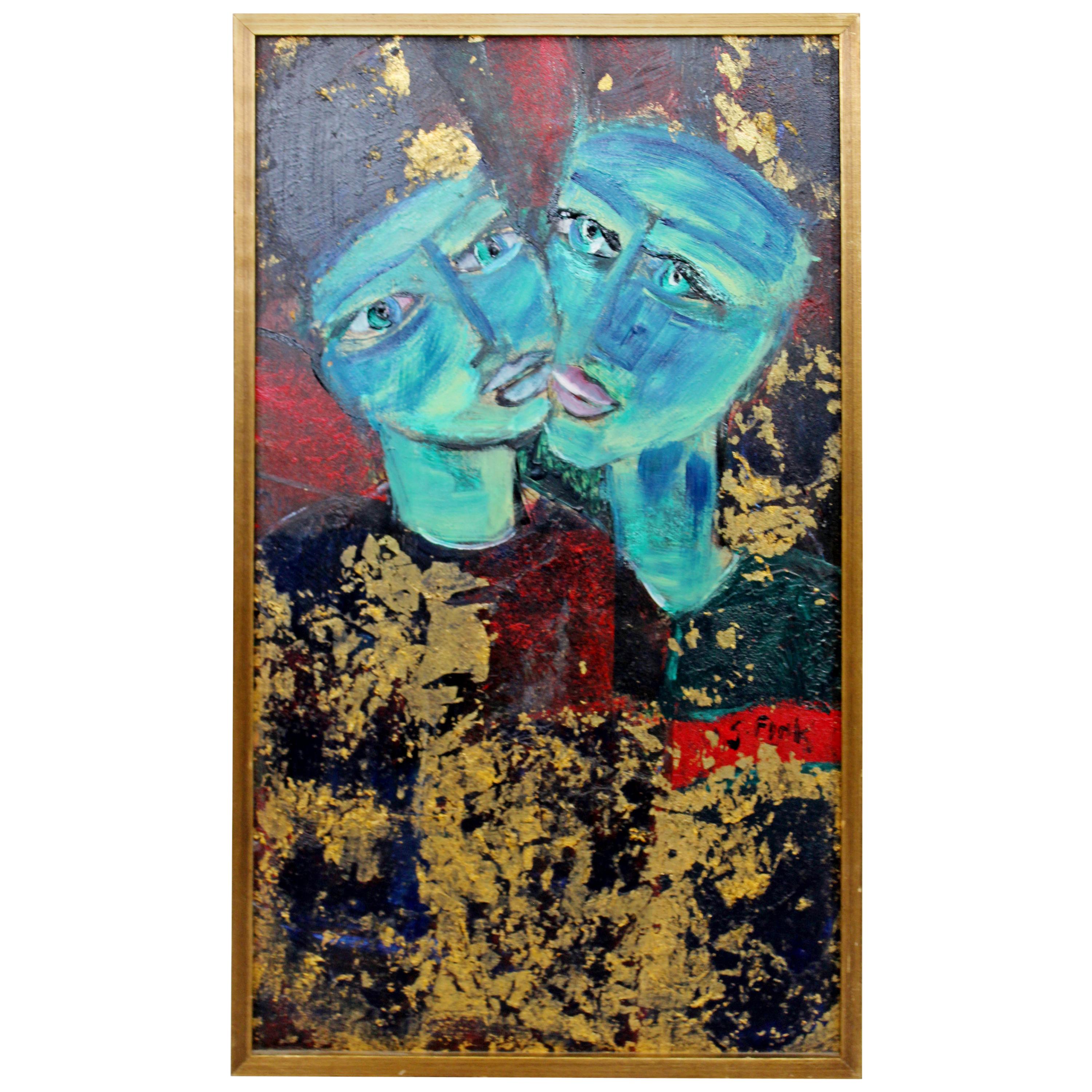 Mid-Century Modern Framed Oil Painting Gold Leaf Signed Gregory Fink Moi et Toi