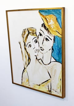 Mid-Century Modern Framed Oil Painting I and Thou Signed Gregory Fink Blue