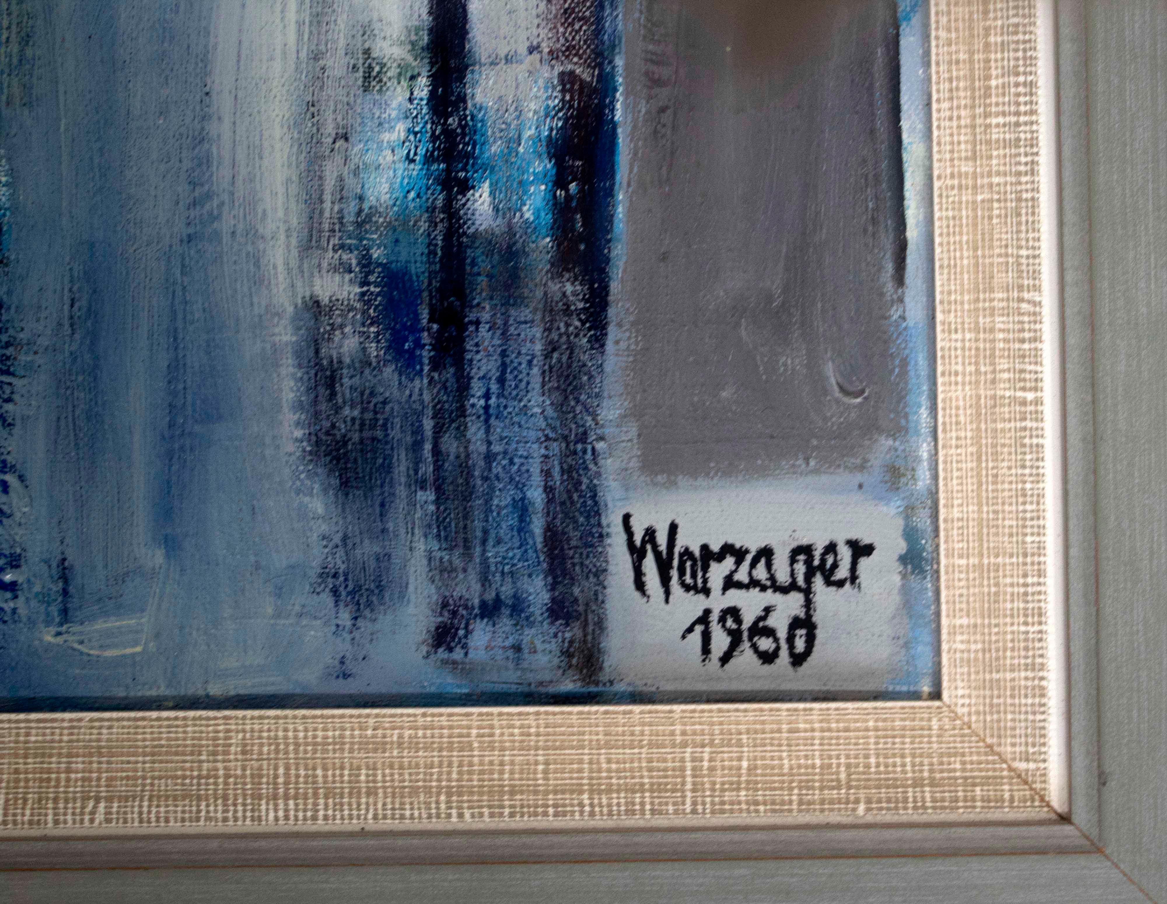 Mid-20th Century Mid-Century Modern Framed Oil Painting on Canvas Ber Warzager Mother 2 Children