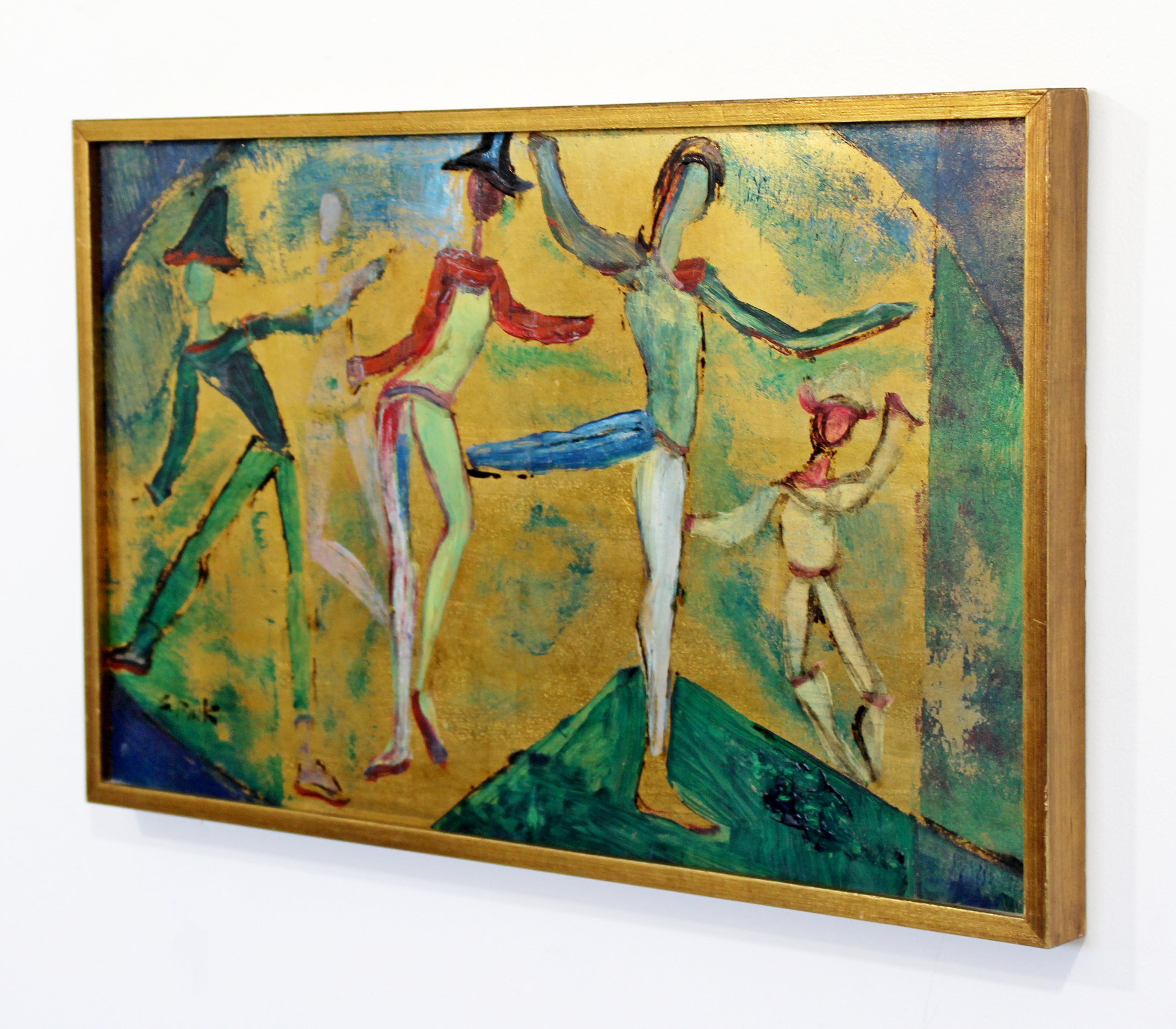 For your consideration is a captivating oil painting, with gold leaf to make it shimmer, of dancing figures, signed by renowned Brazilian artist Gregory Fink. In excellent vintage condition. The dimensions are 24