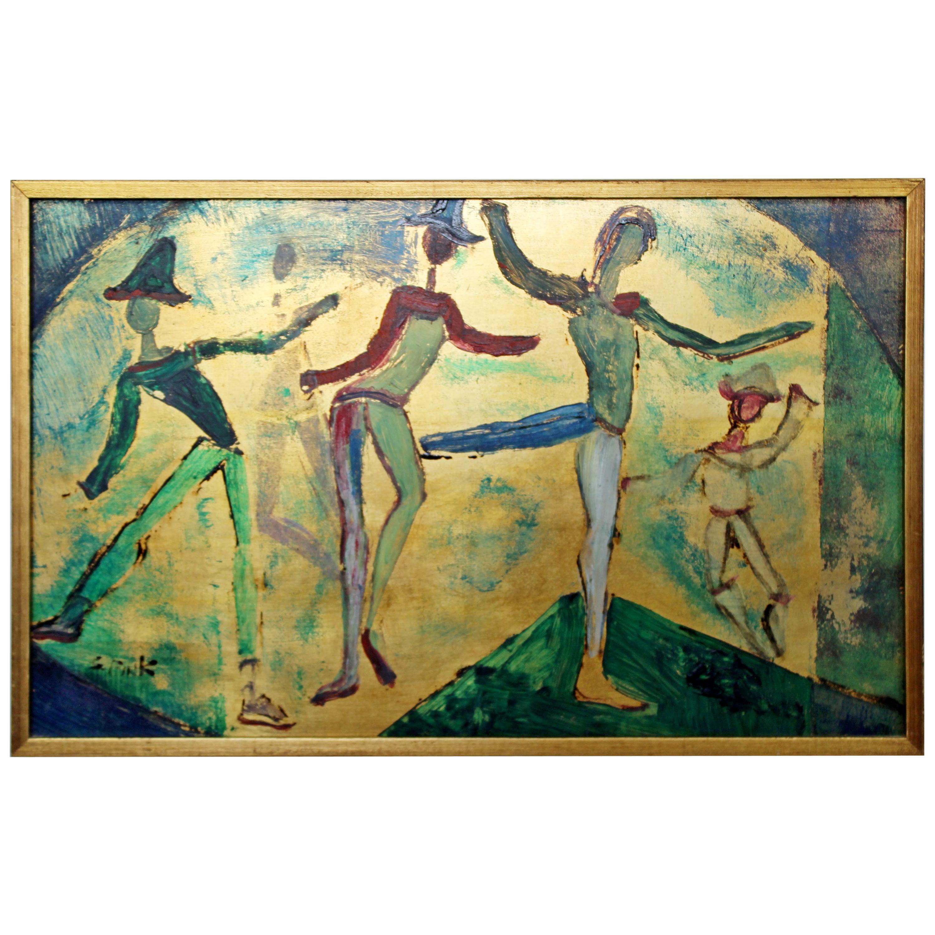Mid-Century Modern Framed Oil Painting w/ Gold Leaf Signed Gregory Fink Dancers