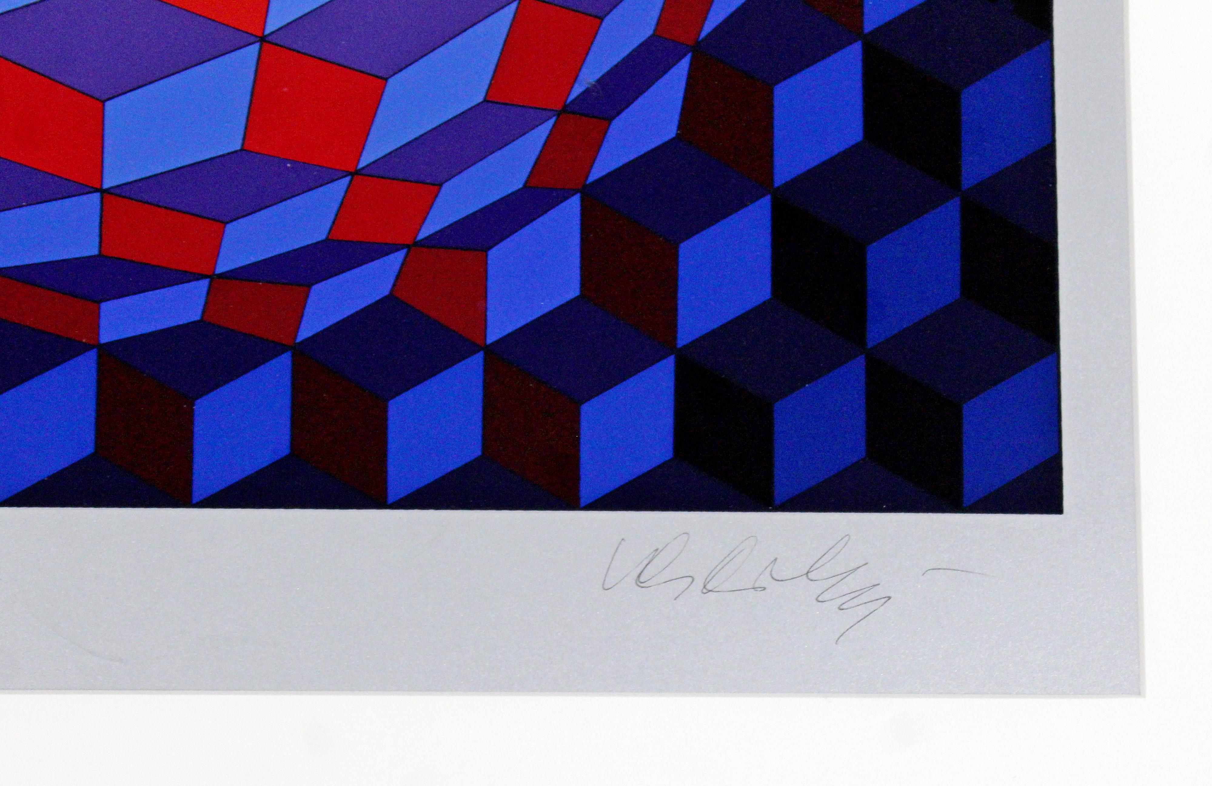 Late 20th Century Mid-Century Modern Framed Op Art Serigraph Signed by Vasarely Cheyt Rond, 1970s