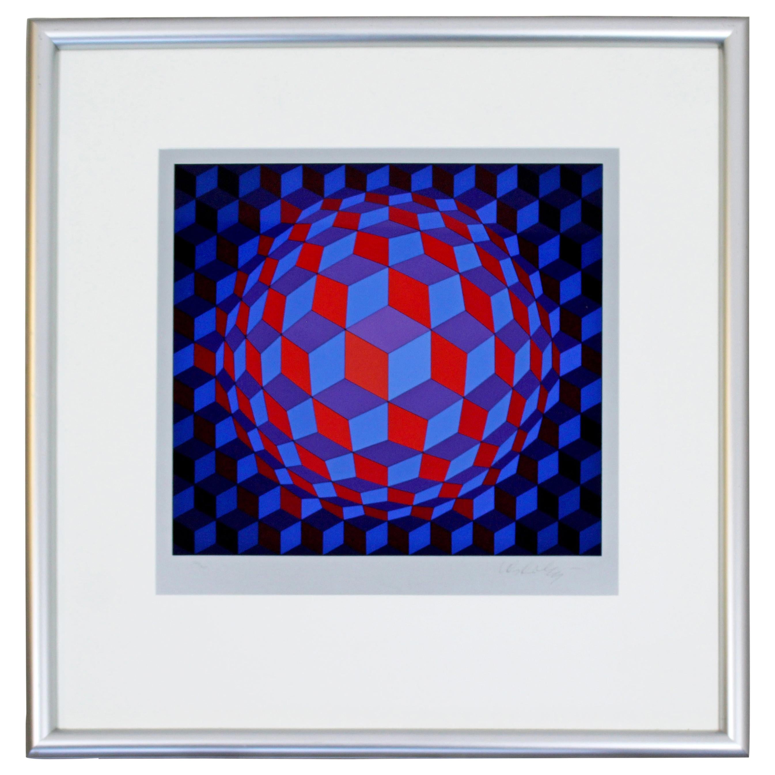 Mid-Century Modern Framed Op Art Serigraph Signed by Vasarely Cheyt Rond, 1970s