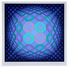 Mid-Century Modern Framed Op Art Serigraph Signed, Vasarely Okta Pos 1970s Blue