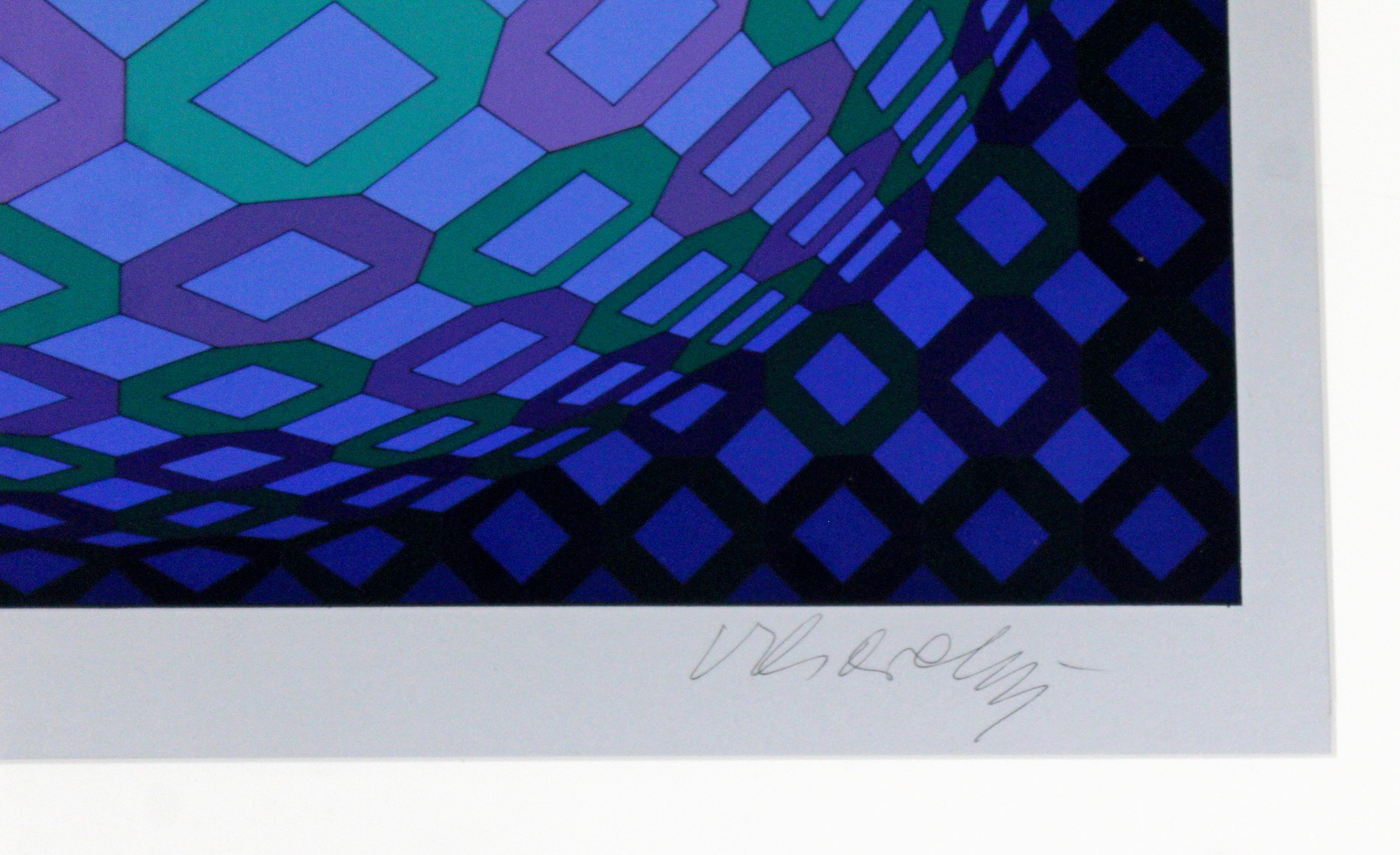 Mid-Century Modern Framed Op Art Serigraph Signed, Vasarely Okta Pos 1970s Blue 1