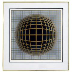 Mid-Century Modern Framed Op Art Serigraph Signed by Victor Vasarely 1970s Gold