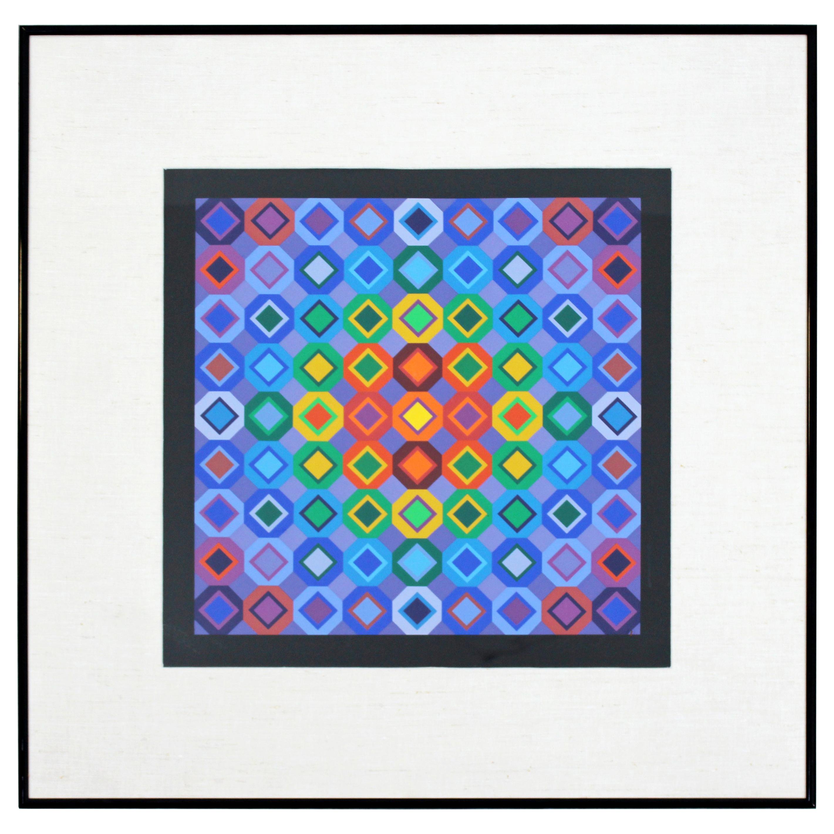 Mid-Century Modern Framed Op Art Serigraph Signed Vasarely Folkokta 70s 132/340