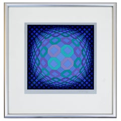 Mid-Century Modern Framed Op Art Serigraph Signed, Vasarely Okta Pos 1970s Blue