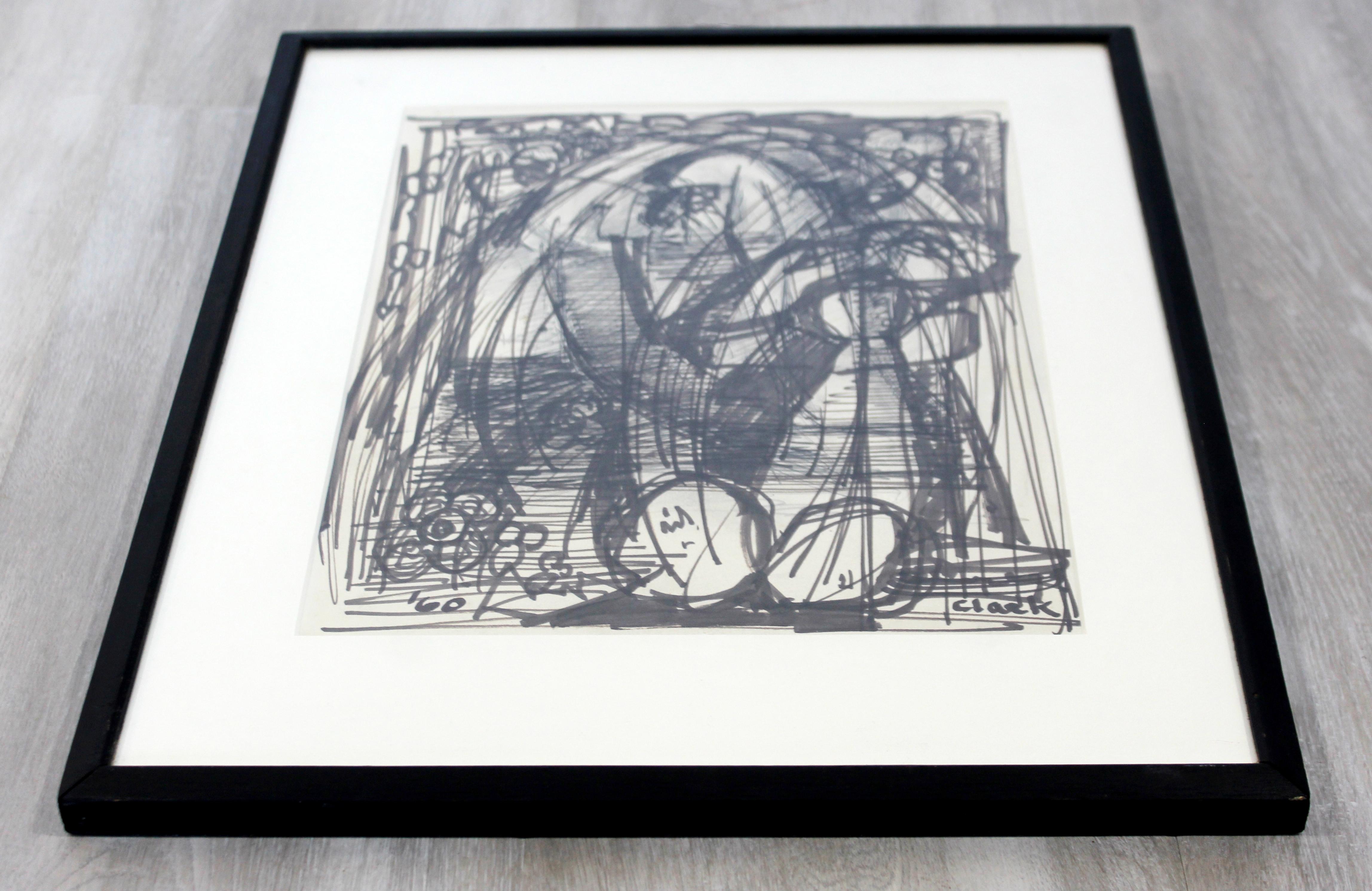 Mid-Century Modern Framed Original Abstract Marker Drawing Signed Clark, 1960 In Good Condition In Keego Harbor, MI