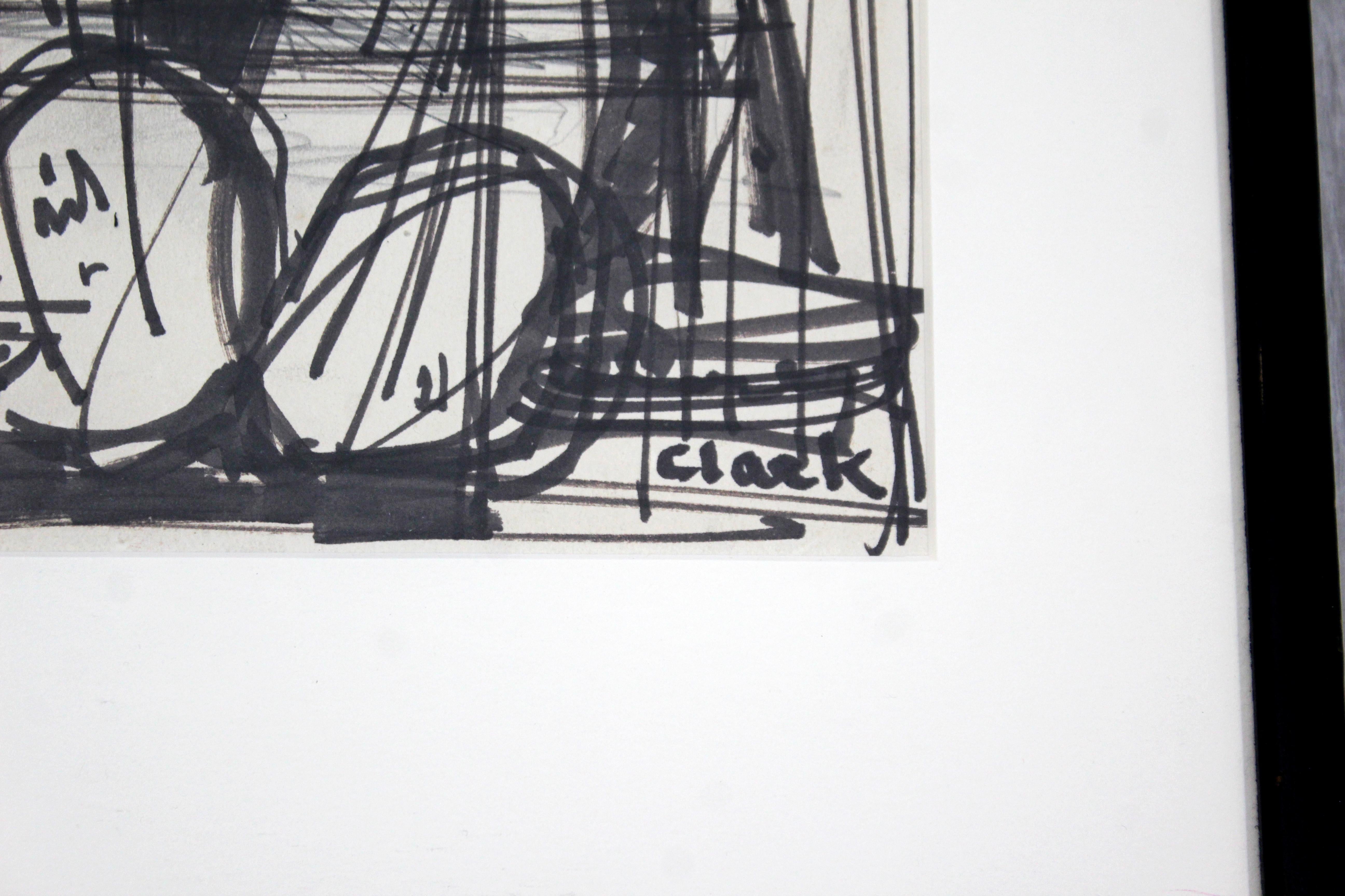 Paper Mid-Century Modern Framed Original Abstract Marker Drawing Signed Clark, 1960