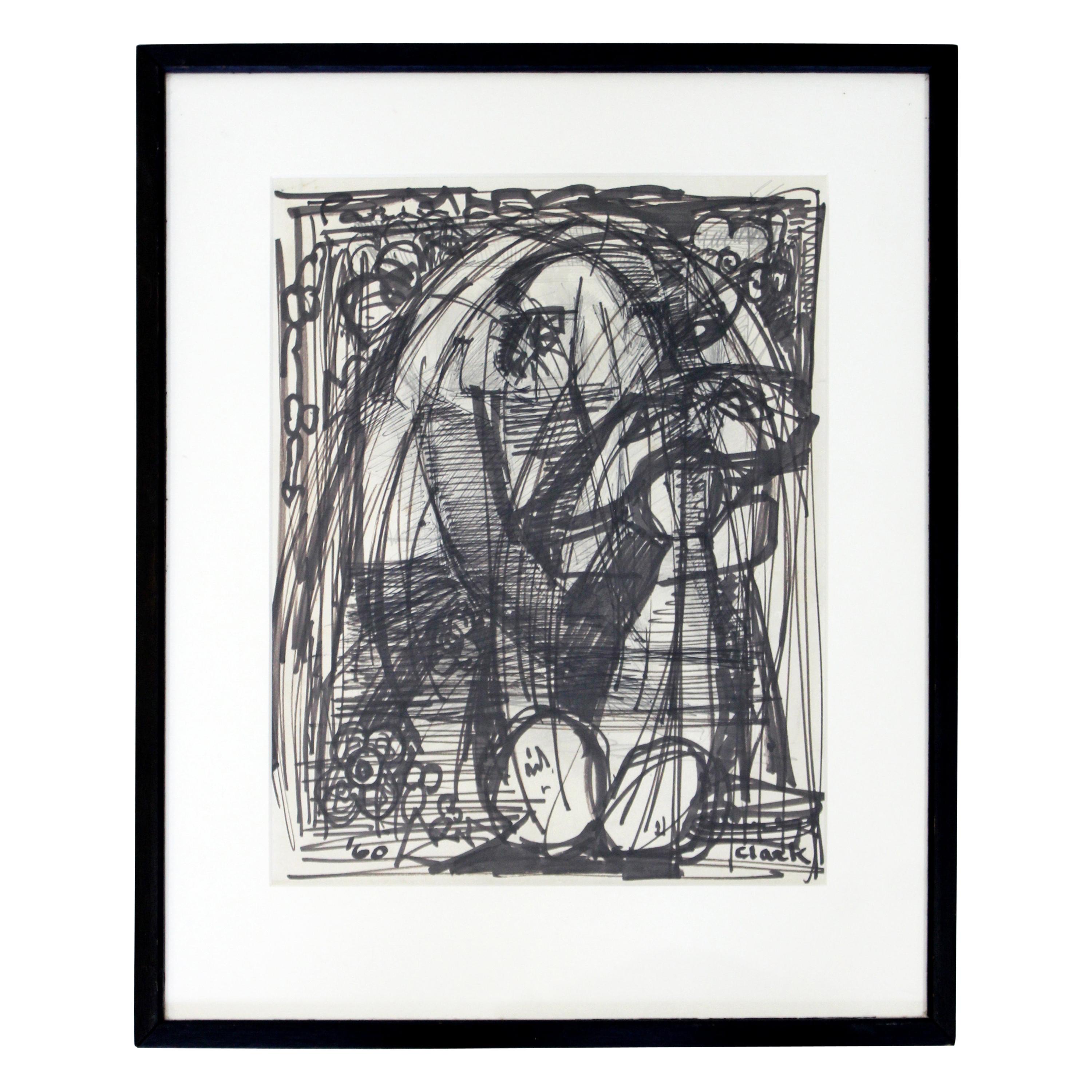 Mid-Century Modern Framed Original Abstract Marker Drawing Signed Clark, 1960