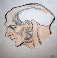 Mid-Century Modern Framed Original Joseph Stella Signed Head of Man Drawing