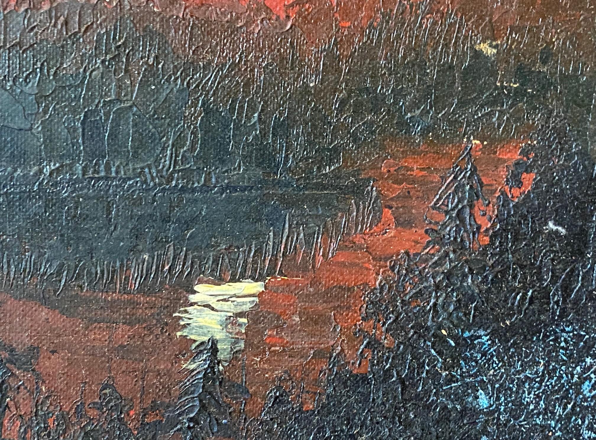 Mid-Century Modern Framed Original Oil Painting The River Styx With Glowing Sun For Sale 3
