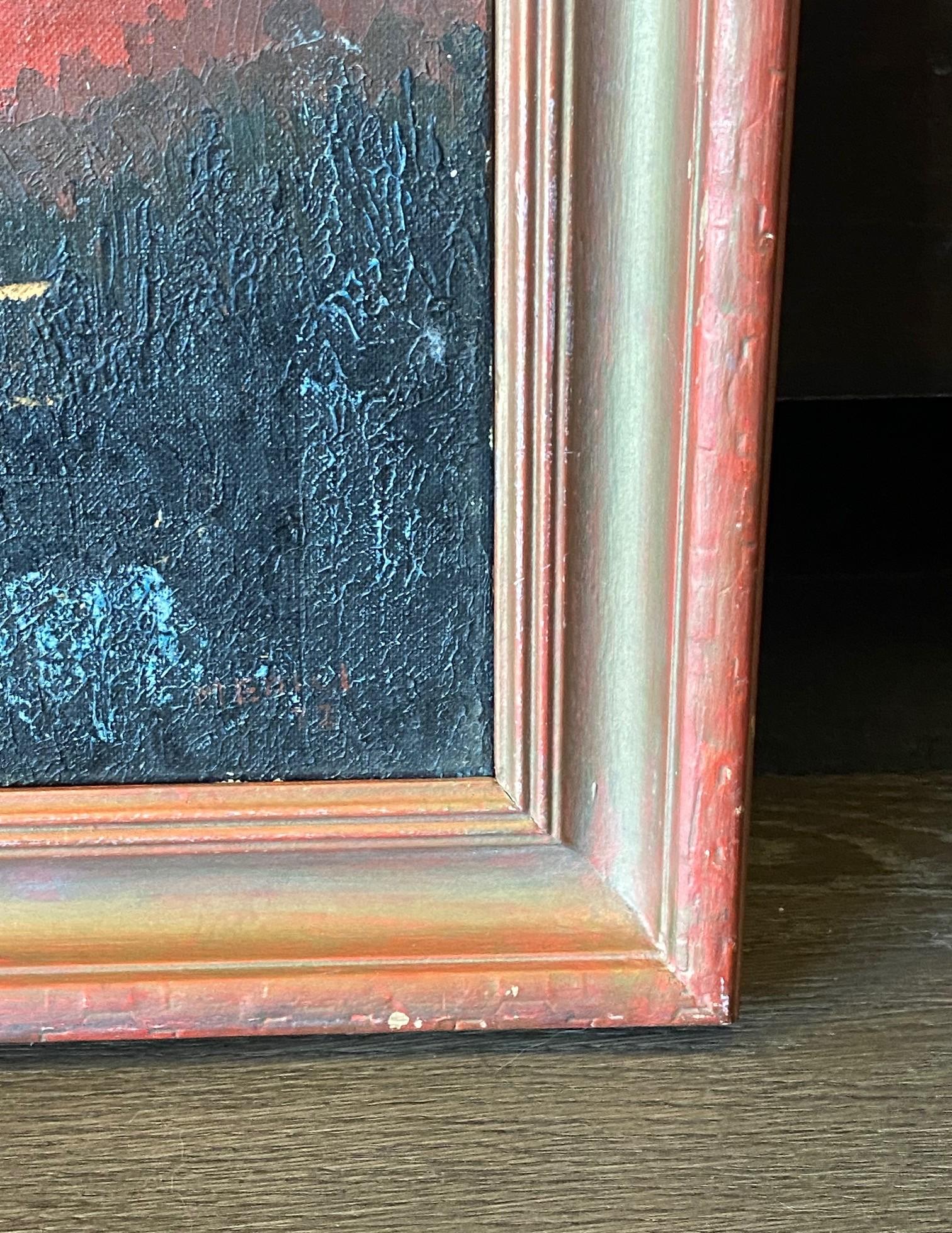Mid-Century Modern Framed Original Oil Painting The River Styx With Glowing Sun For Sale 5