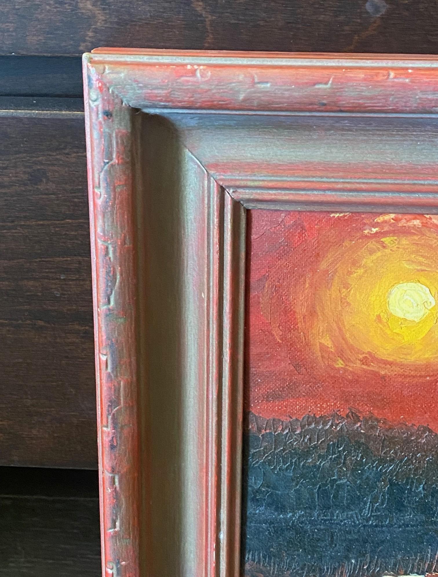 Mid-Century Modern Framed Original Oil Painting The River Styx With Glowing Sun For Sale 7