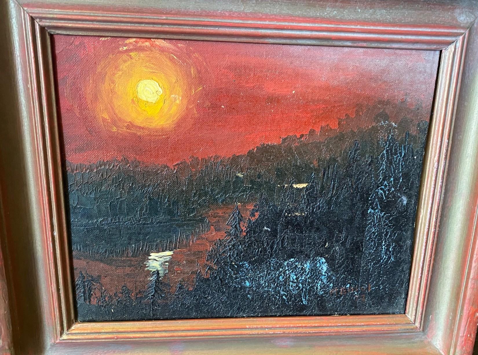 American Mid-Century Modern Framed Original Oil Painting The River Styx With Glowing Sun For Sale