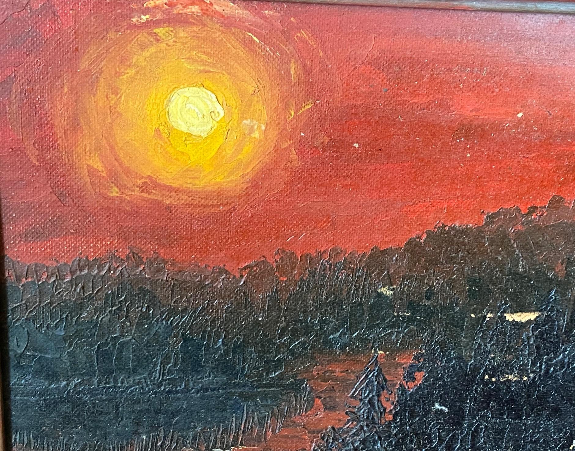 Hand-Painted Mid-Century Modern Framed Original Oil Painting The River Styx With Glowing Sun For Sale