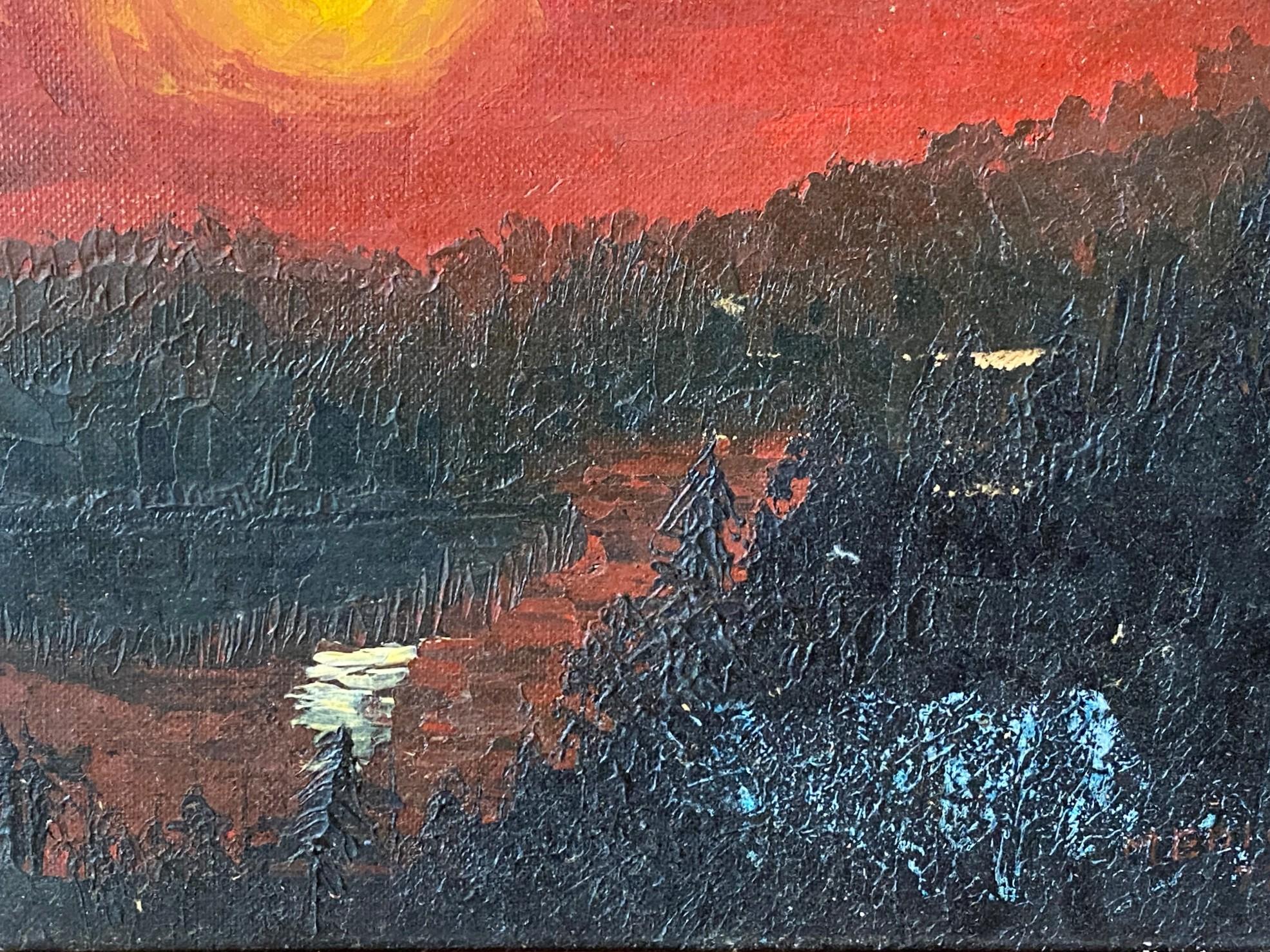20th Century Mid-Century Modern Framed Original Oil Painting The River Styx With Glowing Sun For Sale