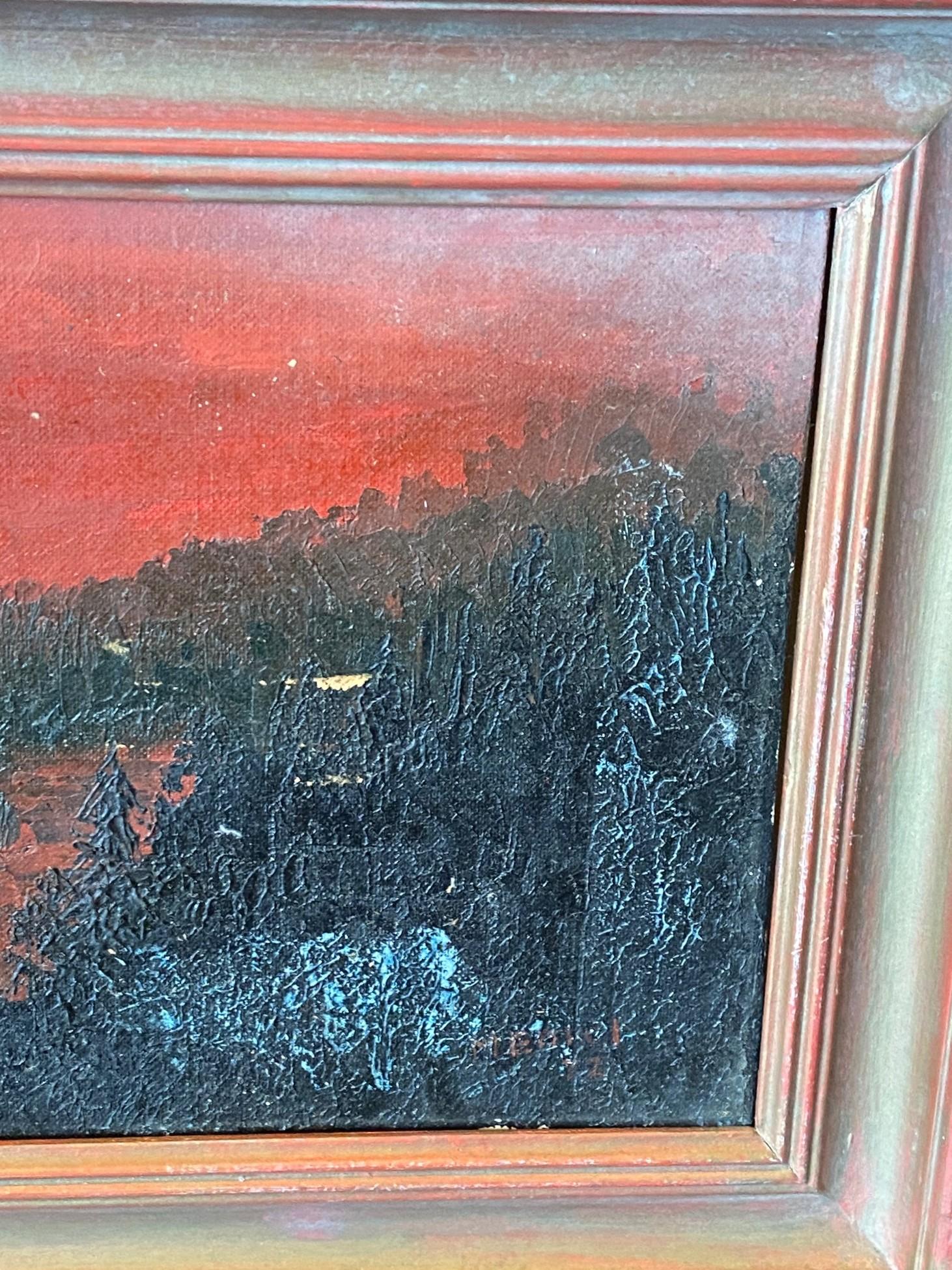 Wood Mid-Century Modern Framed Original Oil Painting The River Styx With Glowing Sun For Sale