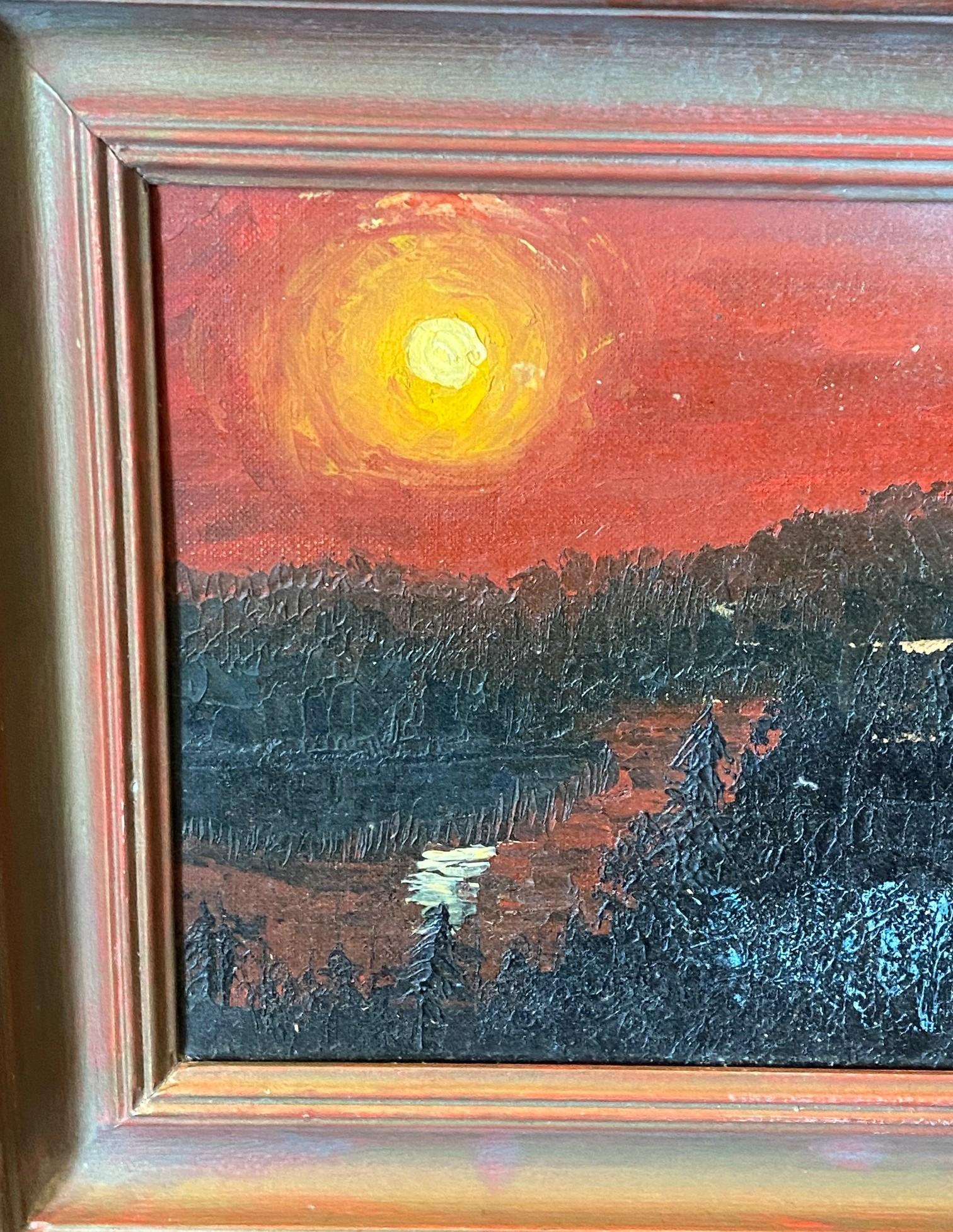 Mid-Century Modern Framed Original Oil Painting The River Styx With Glowing Sun For Sale 1