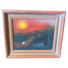 Mid-Century Modern Framed Original Oil Painting The River Styx With Glowing Sun