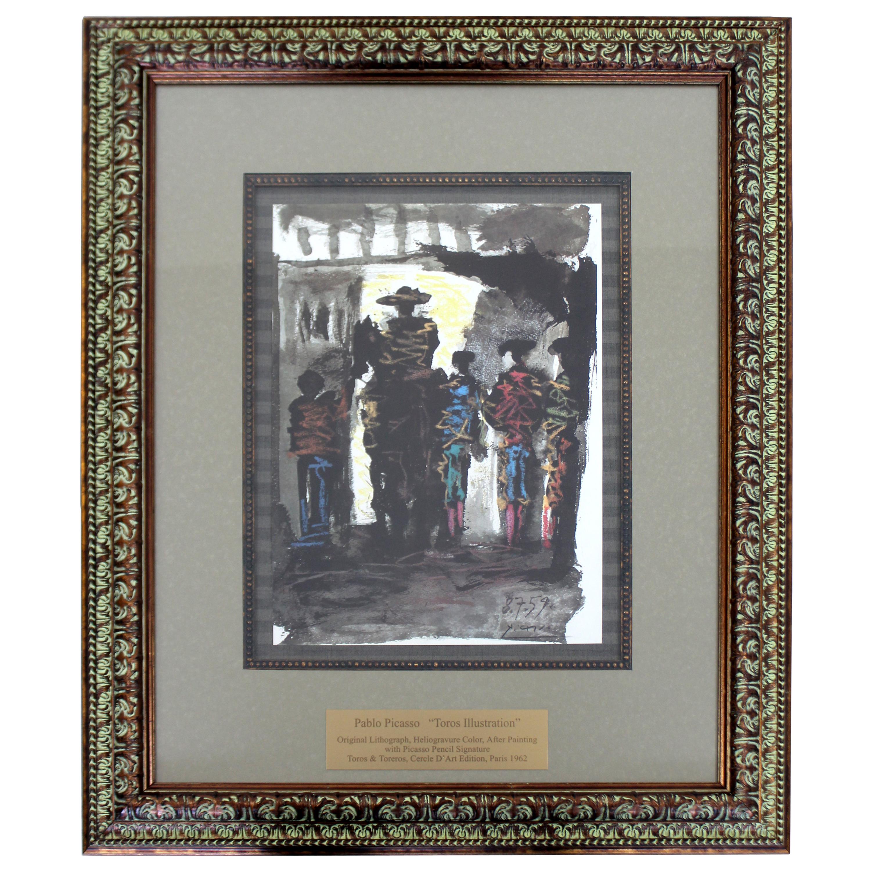 Mid-Century Modern Framed Pablo Picasso Toros Illustration Lithograph 1960s
