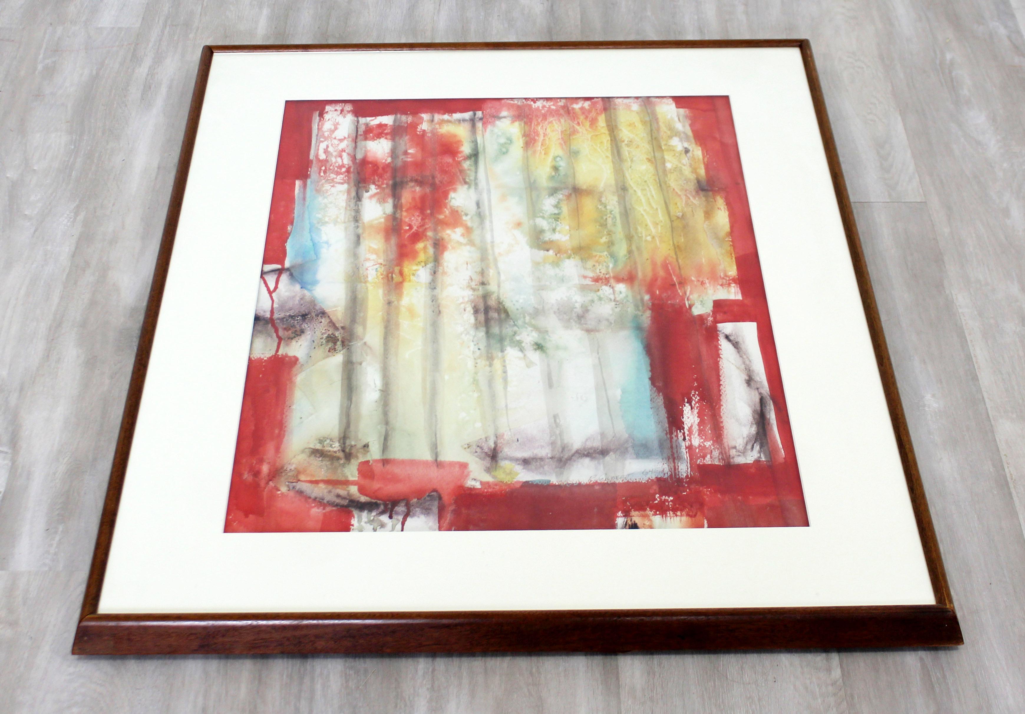 For your consideration is a gorgeous, framed, red abstract painting, signed R. Gilbert, dated 1964. In excellent condition. The dimensions of the frame are 30
