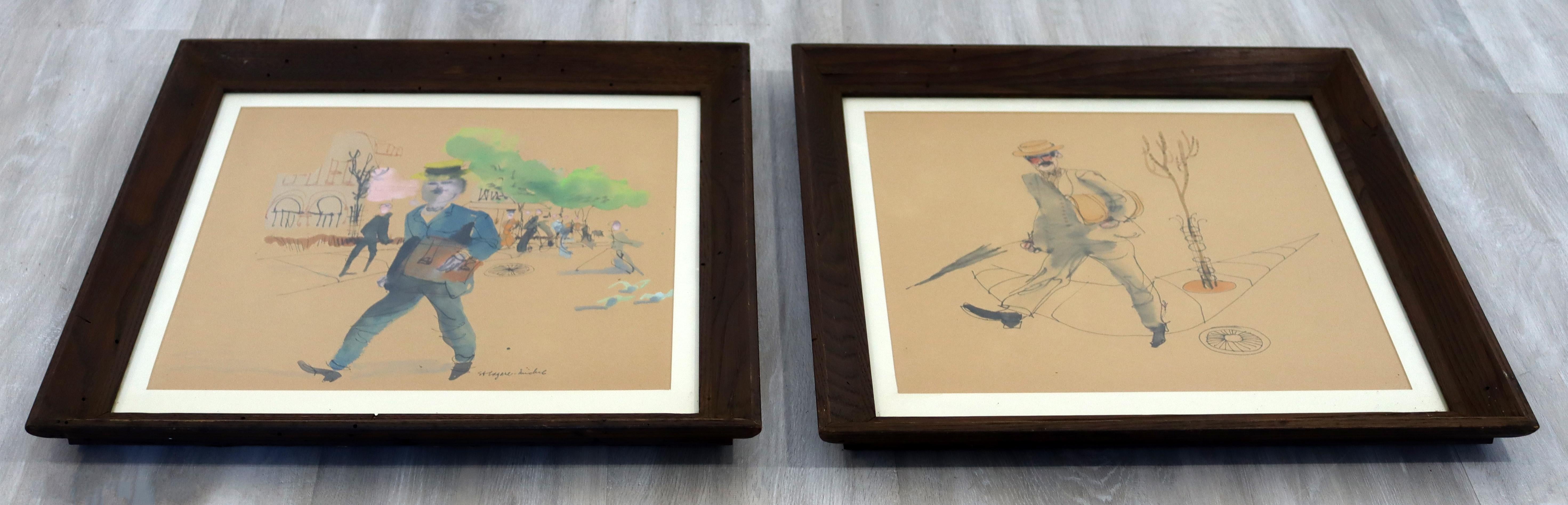 Paper Mid-Century Modern Framed Pair of Watercolor Paintings Signed St. Lagare Michael