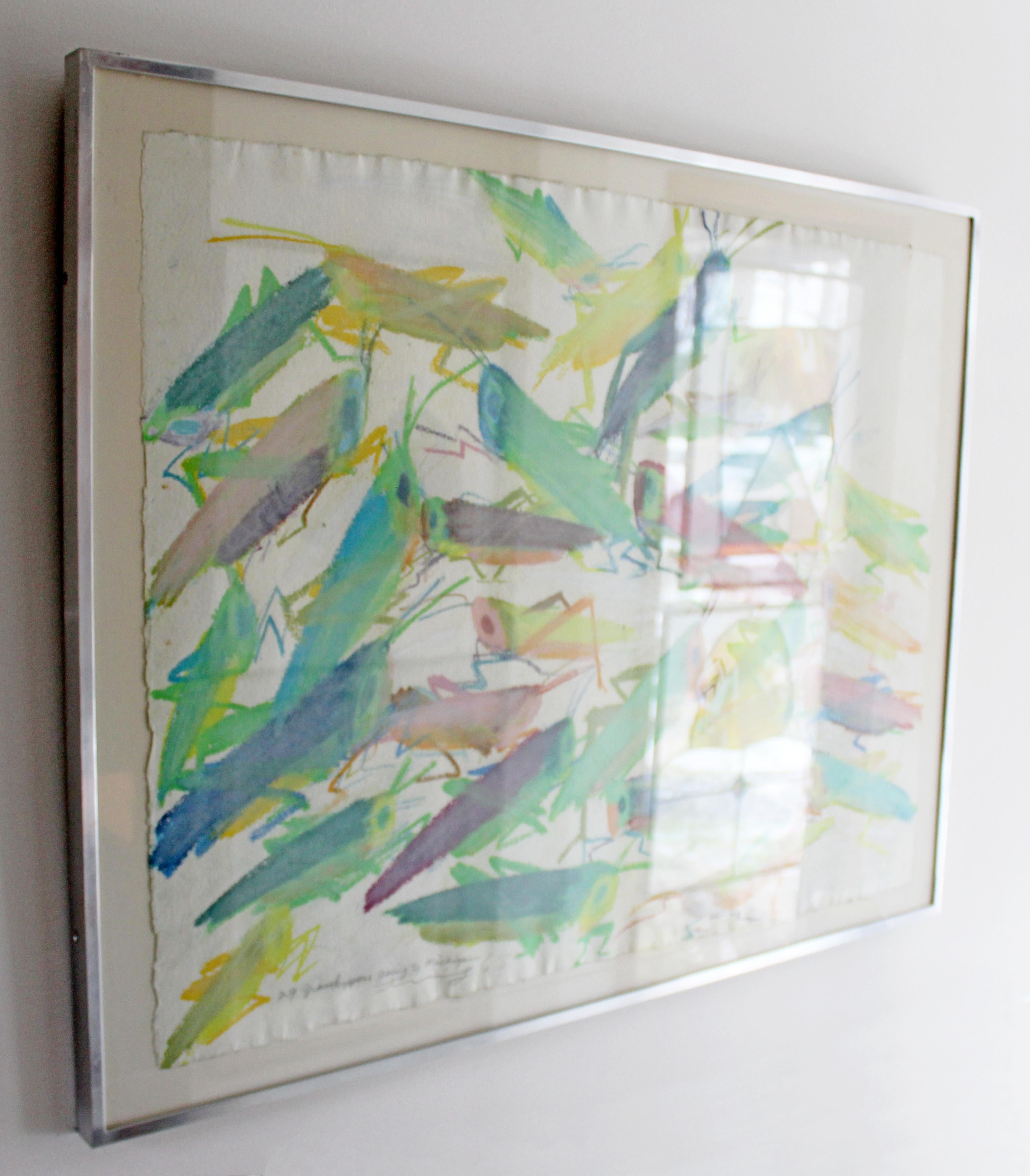 Mid-Century Modern Framed Pastel Art Signed Walasse Ting Grasshoppers, 1960s In Good Condition In Keego Harbor, MI