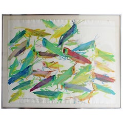 Mid-Century Modern Framed Pastel Art Signed Walasse Ting Grasshoppers 1960s