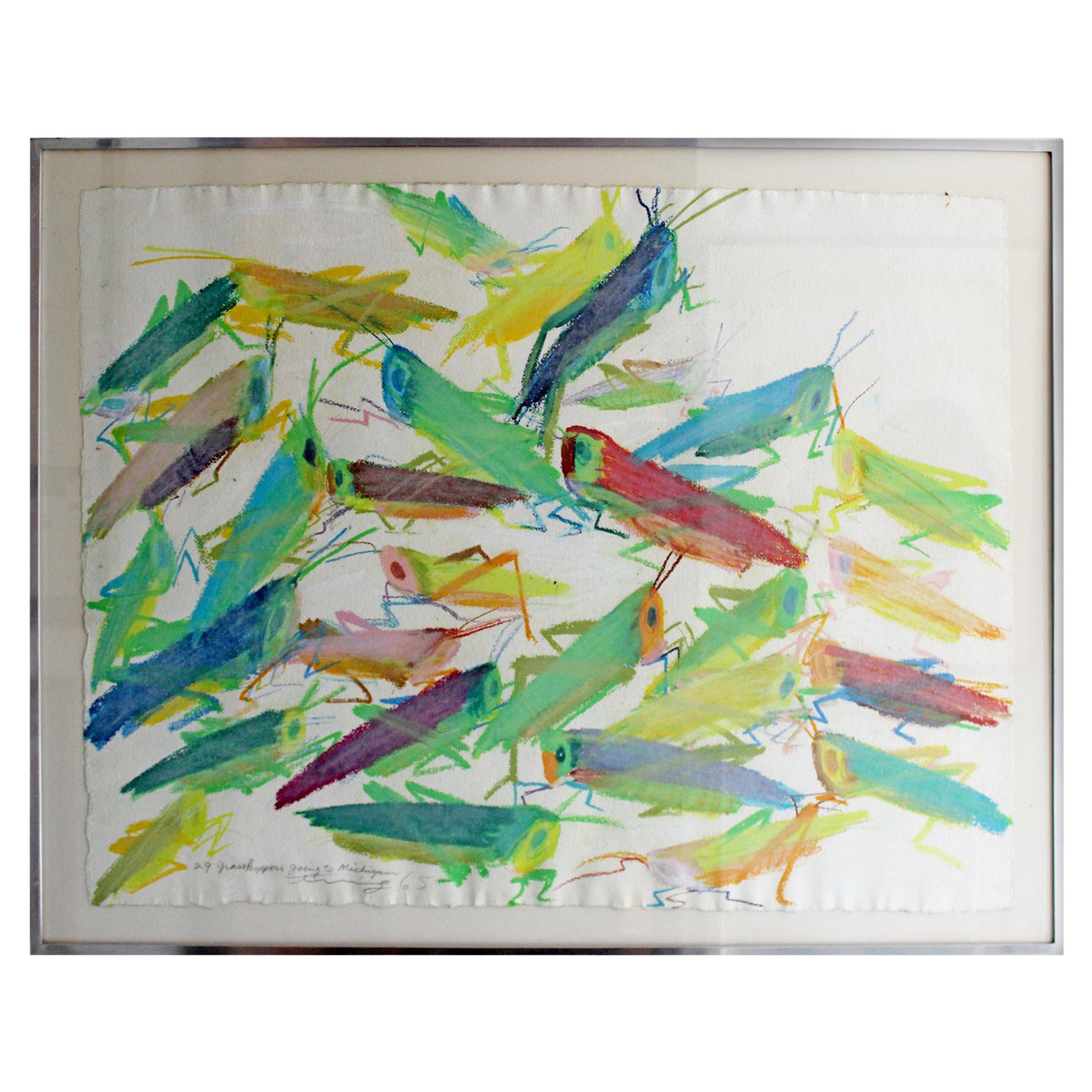 Mid-Century Modern Framed Pastel Art Signed Walasse Ting Grasshoppers, 1960s