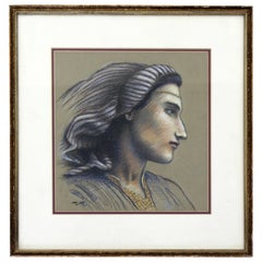 Mid-Century Modern Framed Pastel on Paper Signed by Martin Maddox Moroccan Face