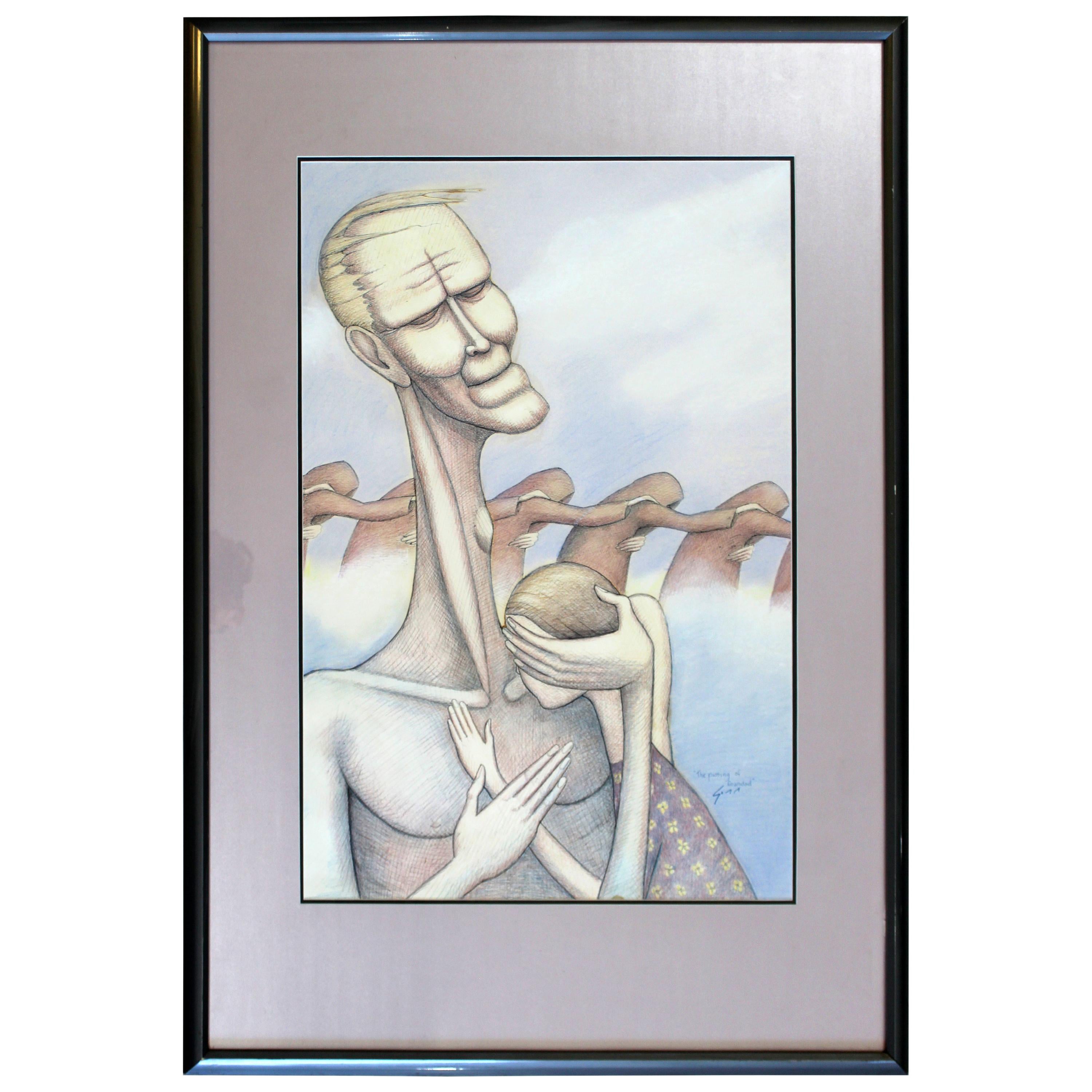 Mid-Century Modern Framed Pencil Watercolor Signed Ginn Surrealism