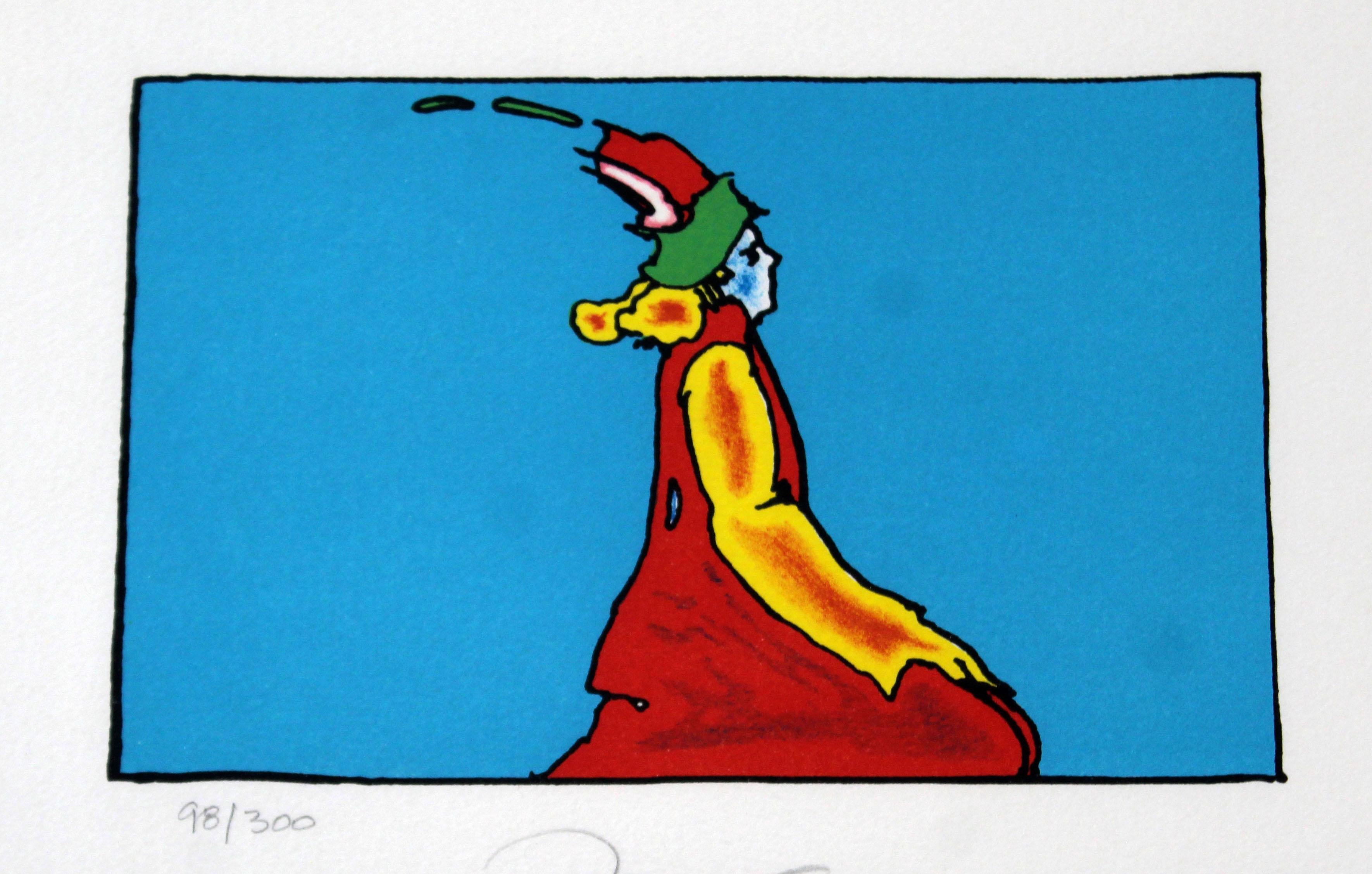 For your consideration is a magnificent, framed lithograph, of a red figure against a blue background; signed, stamped and numbered by Peter Max, 98/300. In excellent condition. The dimensions of the frame are 23