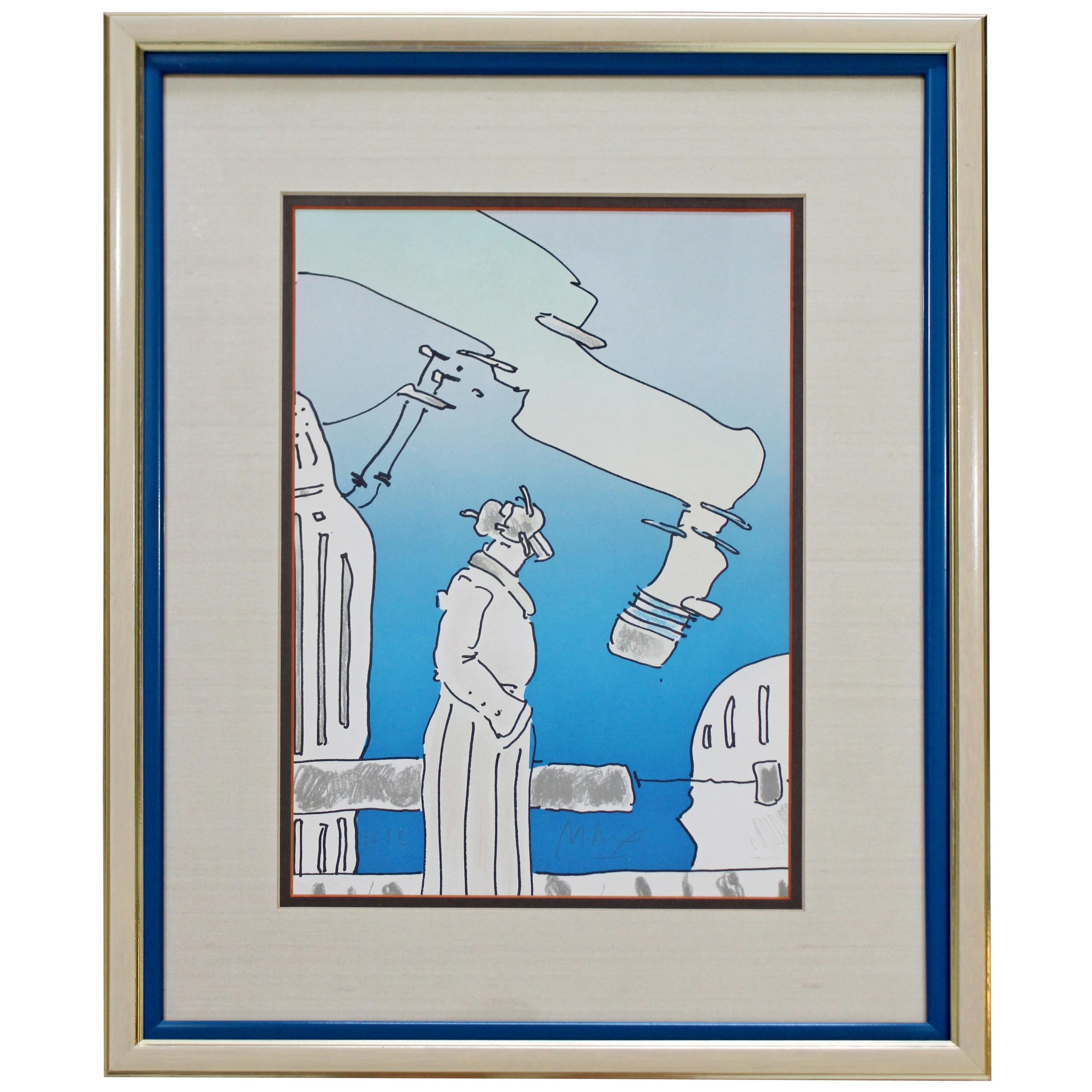 Mid-Century Modern Framed Peter Max Pencil Signed Lithograph Cosmic Song Blue
