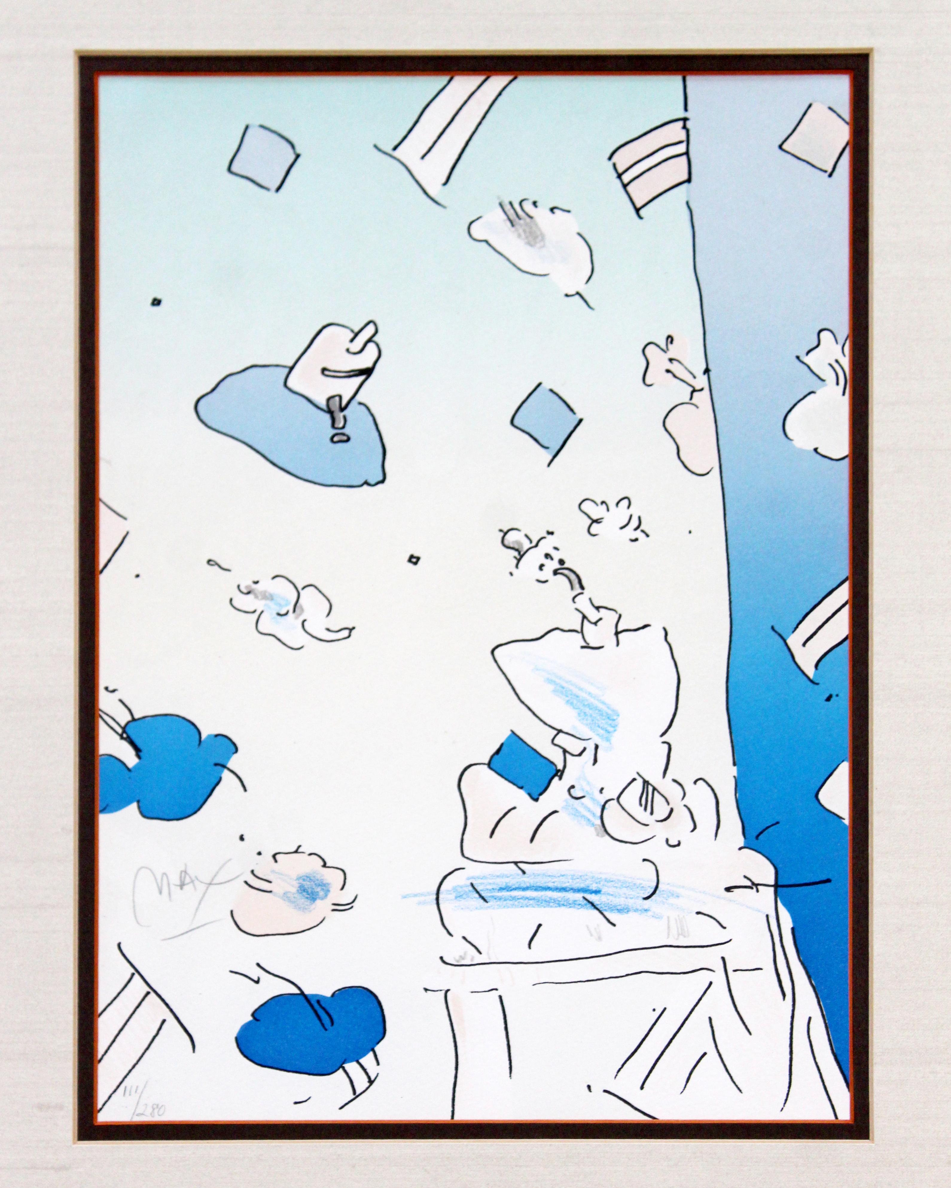 For your consideration is a whimsical, framed lithograph in blue, titled 