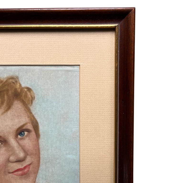 Mid-Century Modern Mid Century Modern Framed Portrait Painting of a Woman in Blue and Pink For Sale