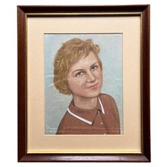 Used Mid Century Modern Framed Portrait Painting of a Woman in Blue and Pink