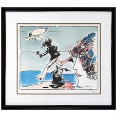 Vintage Mid-Century Modern Framed Print by Peter Max Running with Flying Sage Signed