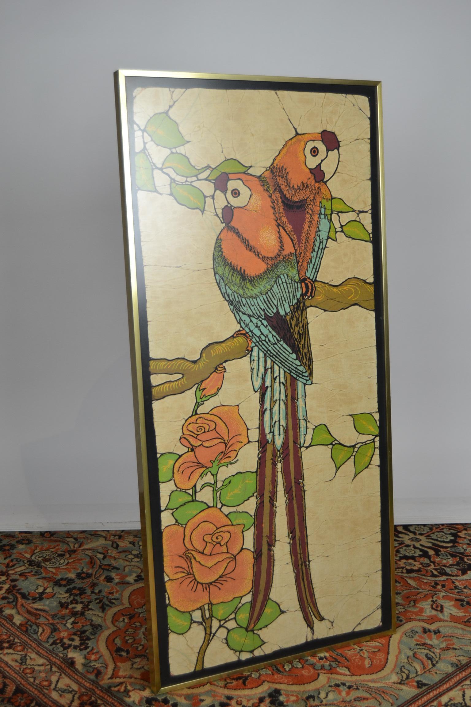 1960s Messing Framed Print on Linen with Two Ara's or Parrots in a Tree 6