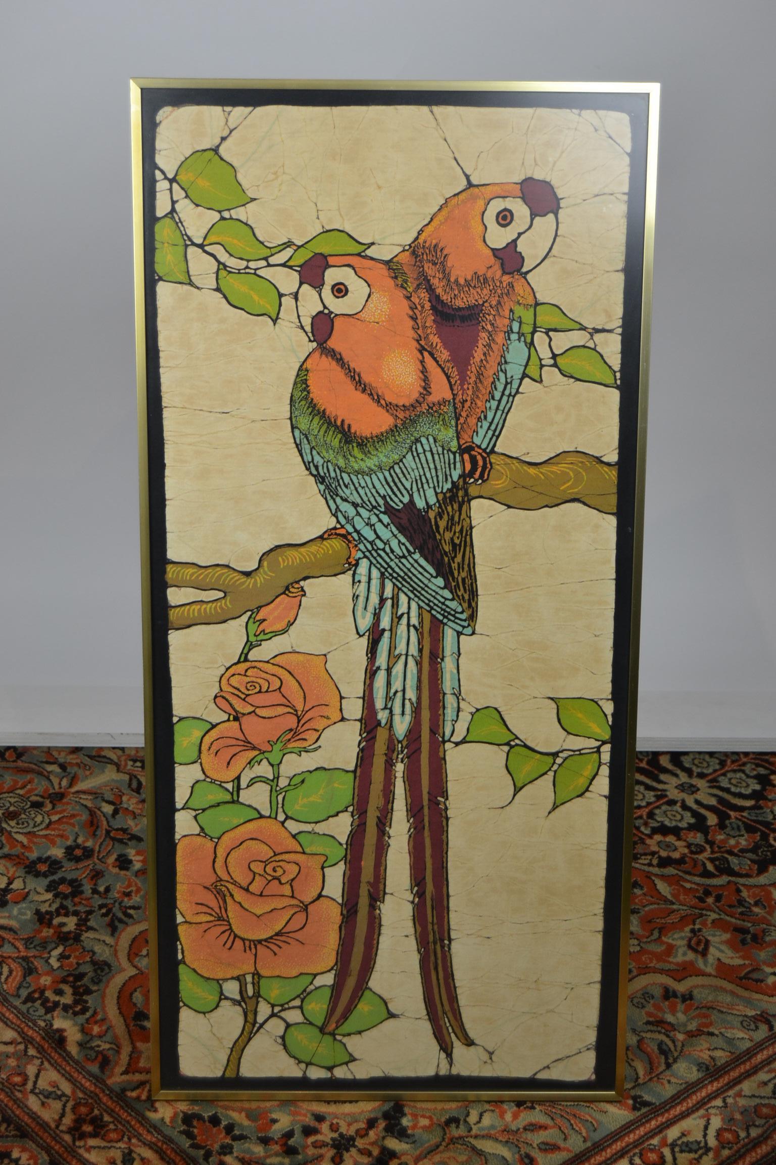 1960s Messing Framed Print on Linen with Two Ara's or Parrots in a Tree 9