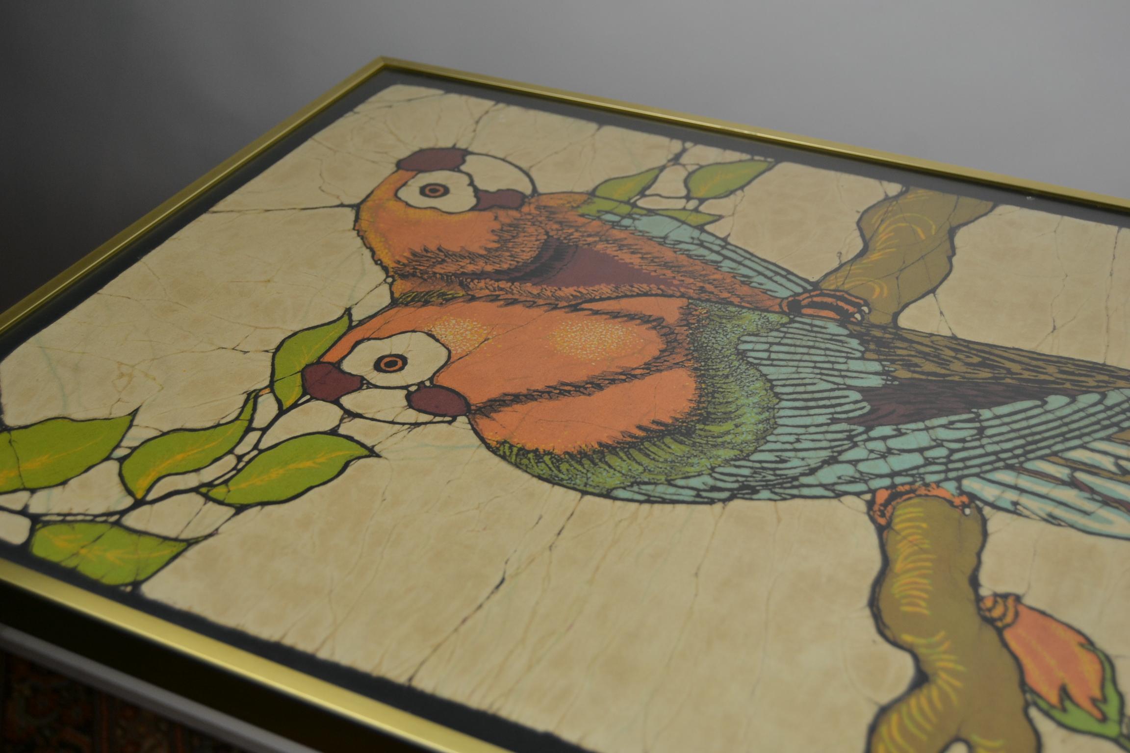 1960s Messing Framed Print on Linen with Two Ara's or Parrots in a Tree 3