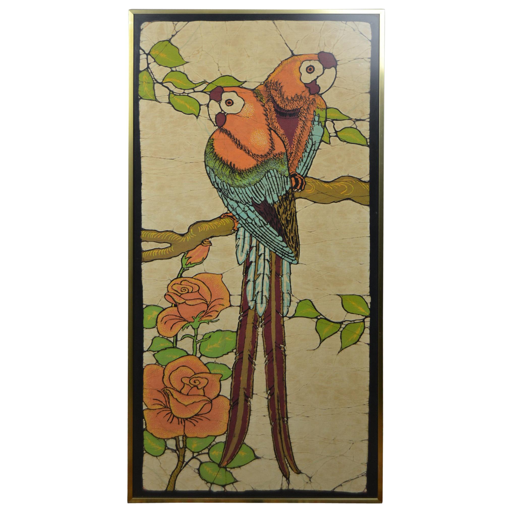 1960s Messing Framed Print on Linen with Two Ara's or Parrots in a Tree