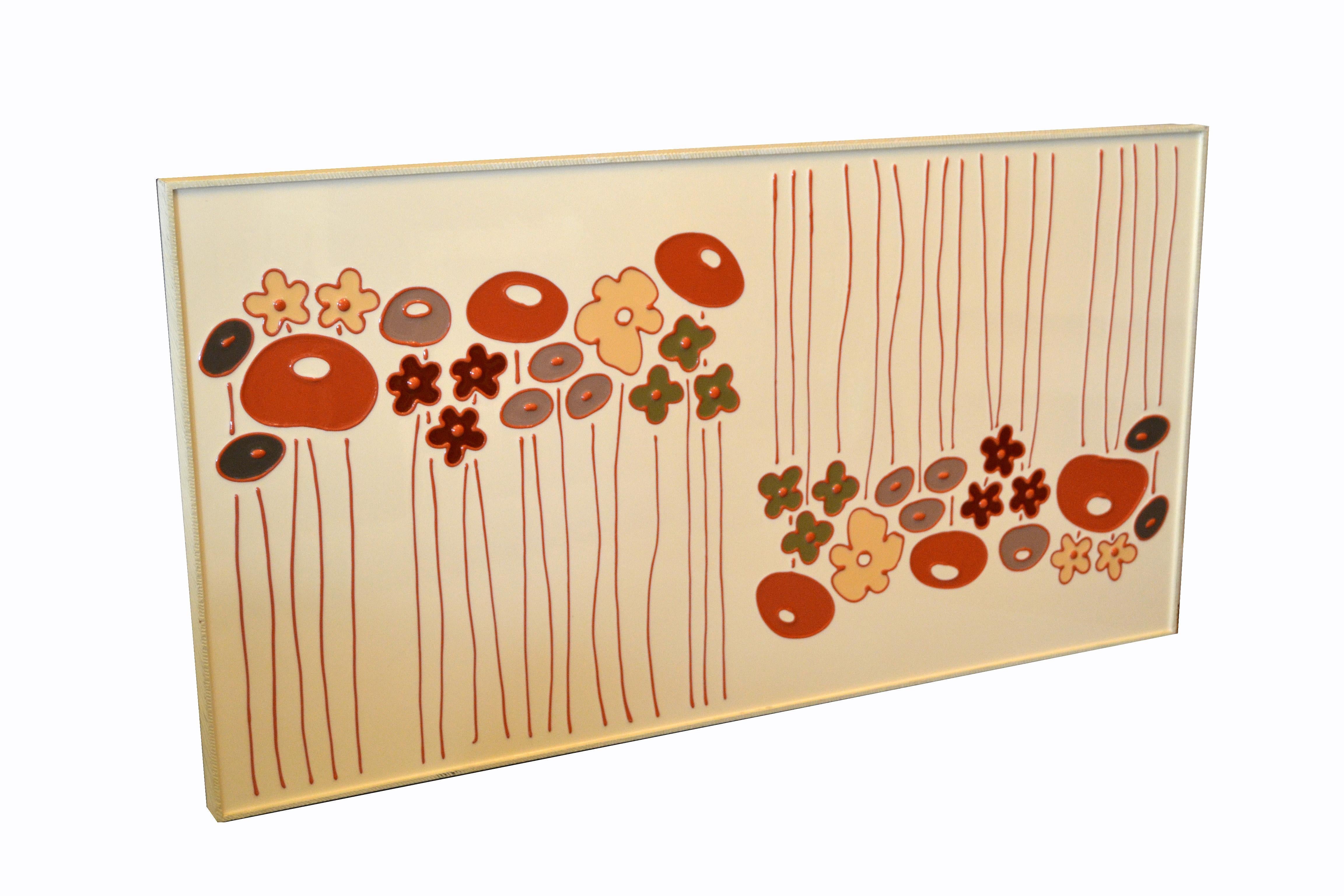 Mid-Century Modern Framed Rectangular Beige Enamel Flower Wall Art For Sale 2