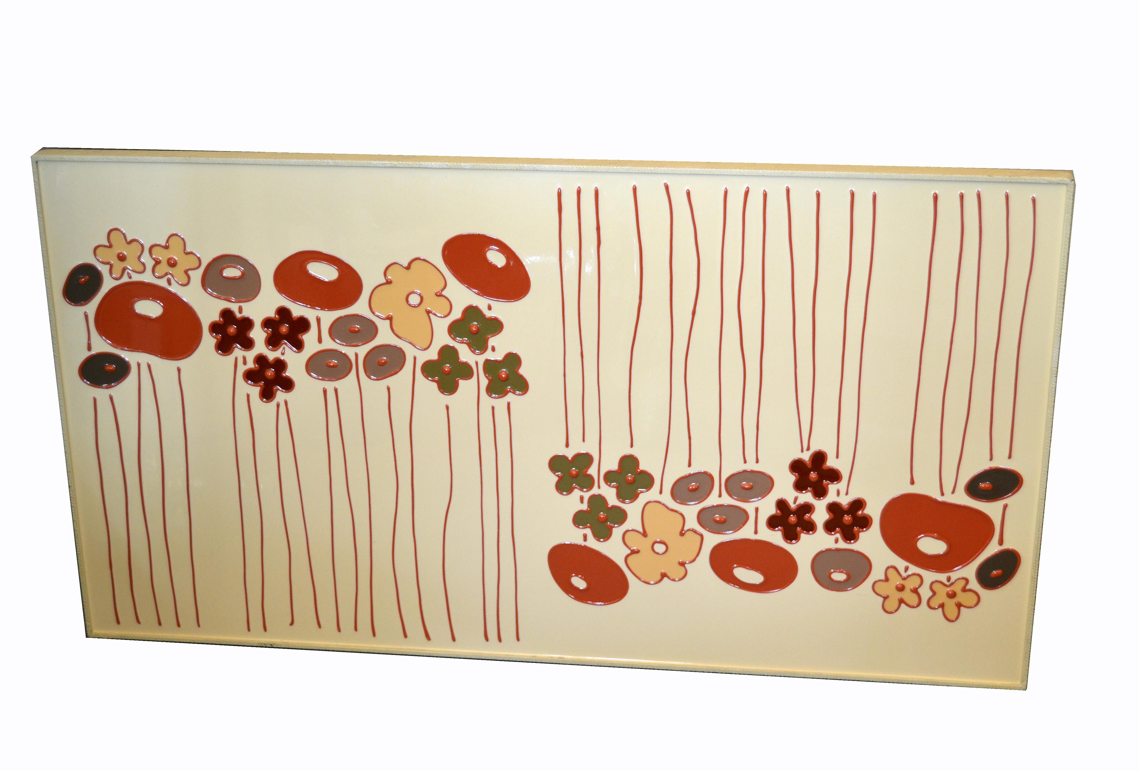 American Mid-Century Modern Framed Rectangular Beige Enamel Flower Wall Art For Sale